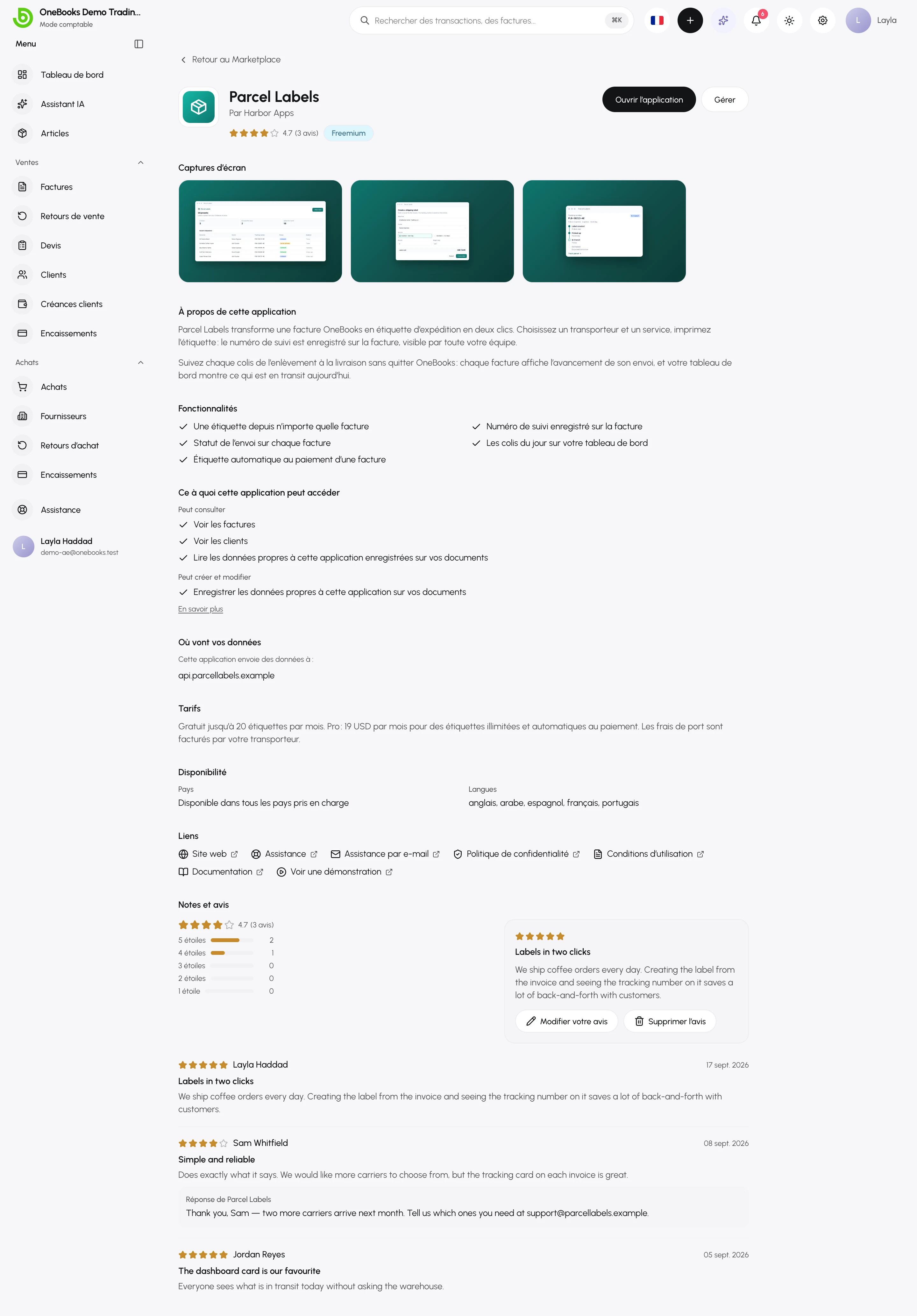 La fiche d’une application installée : Ouvrir l’application et Gérer, captures d’écran, À propos de cette application, Fonctionnalités, autorisations, destination des données, tarifs, disponibilité, liens et avis