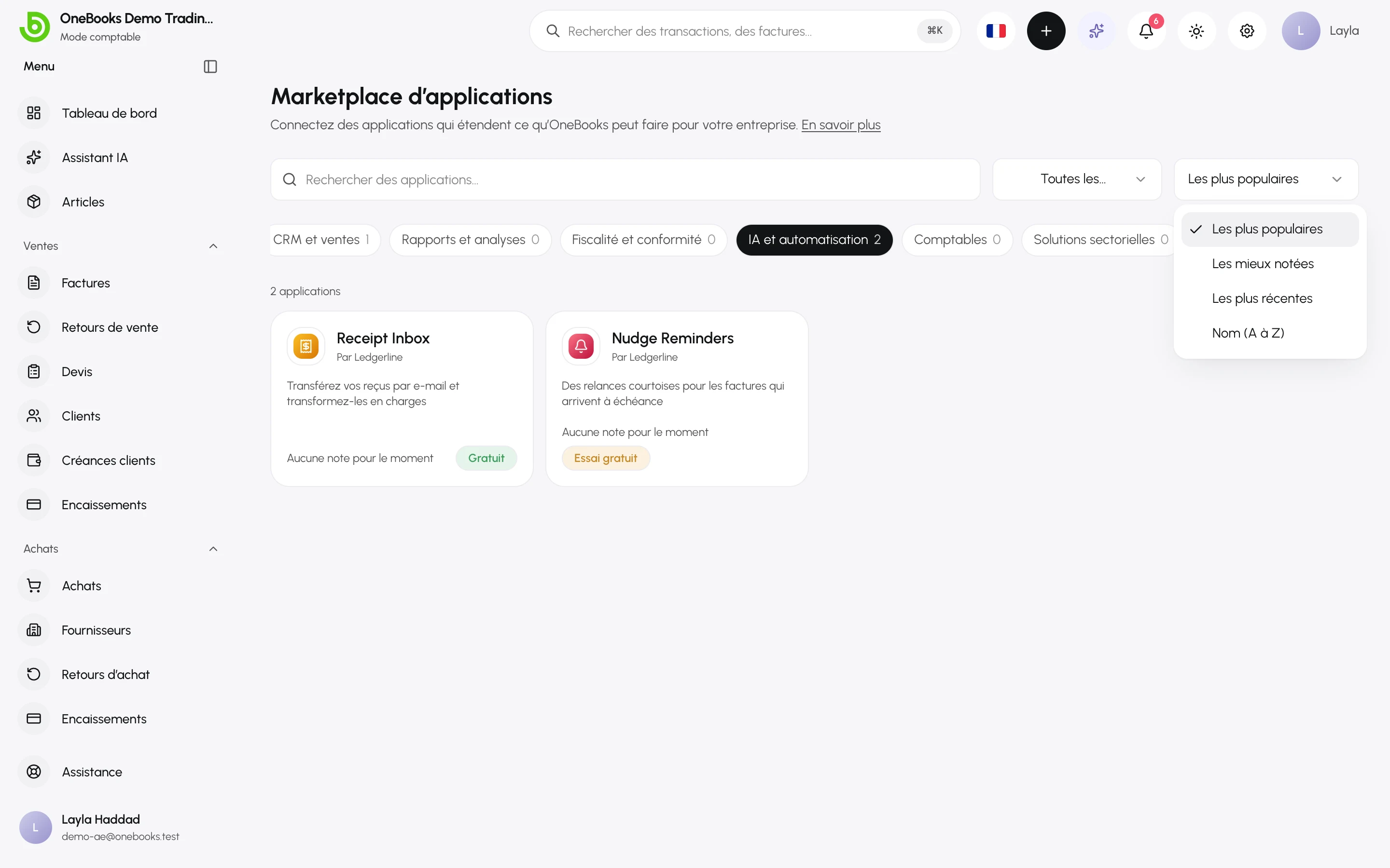 Le Marketplace filtré sur la catégorie IA et automatisation, avec le menu Trier par ouvert