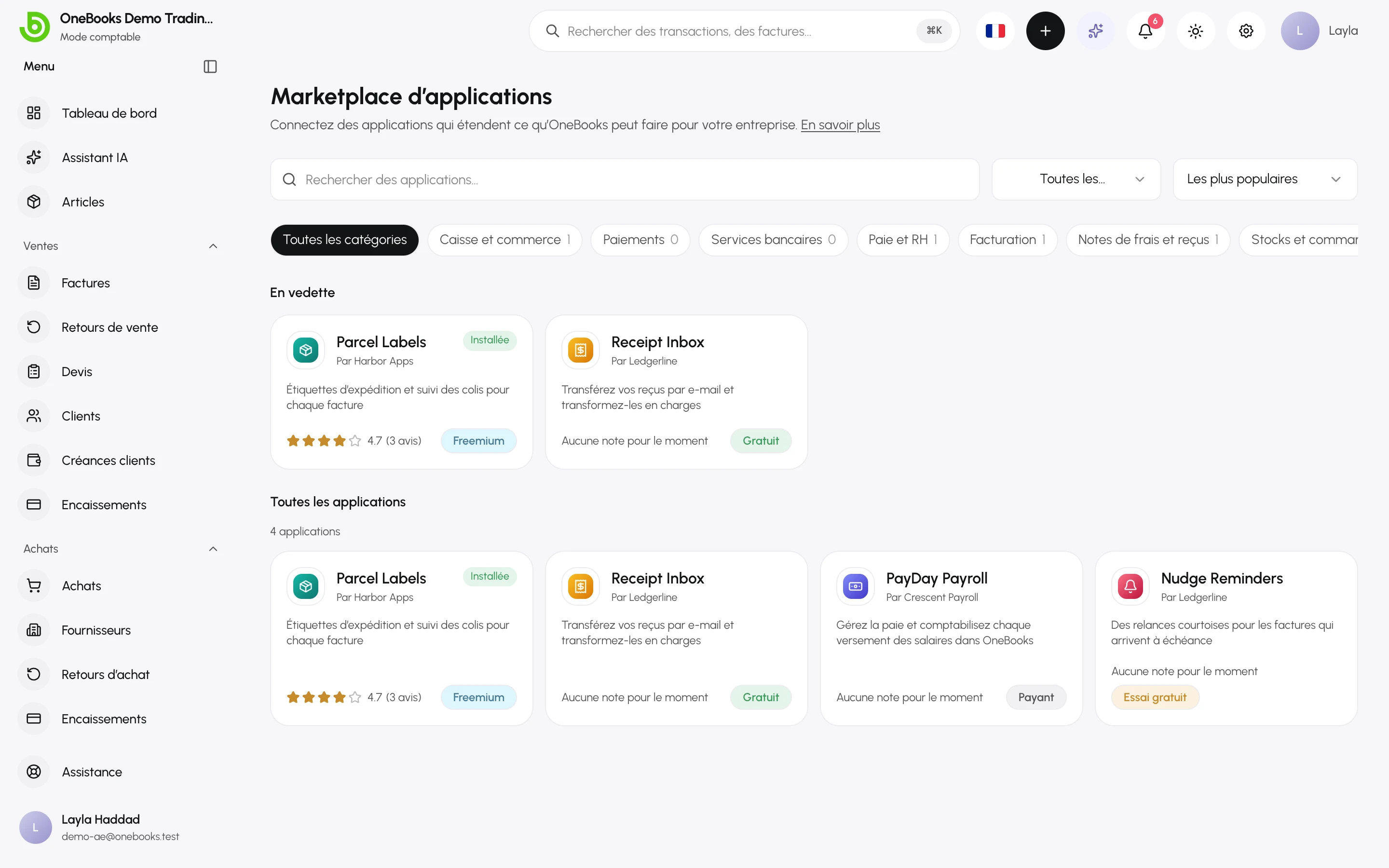 Le Marketplace d’applications avec la recherche, les filtres de tarif et de tri, les catégories, la rangée En vedette et toutes les applications