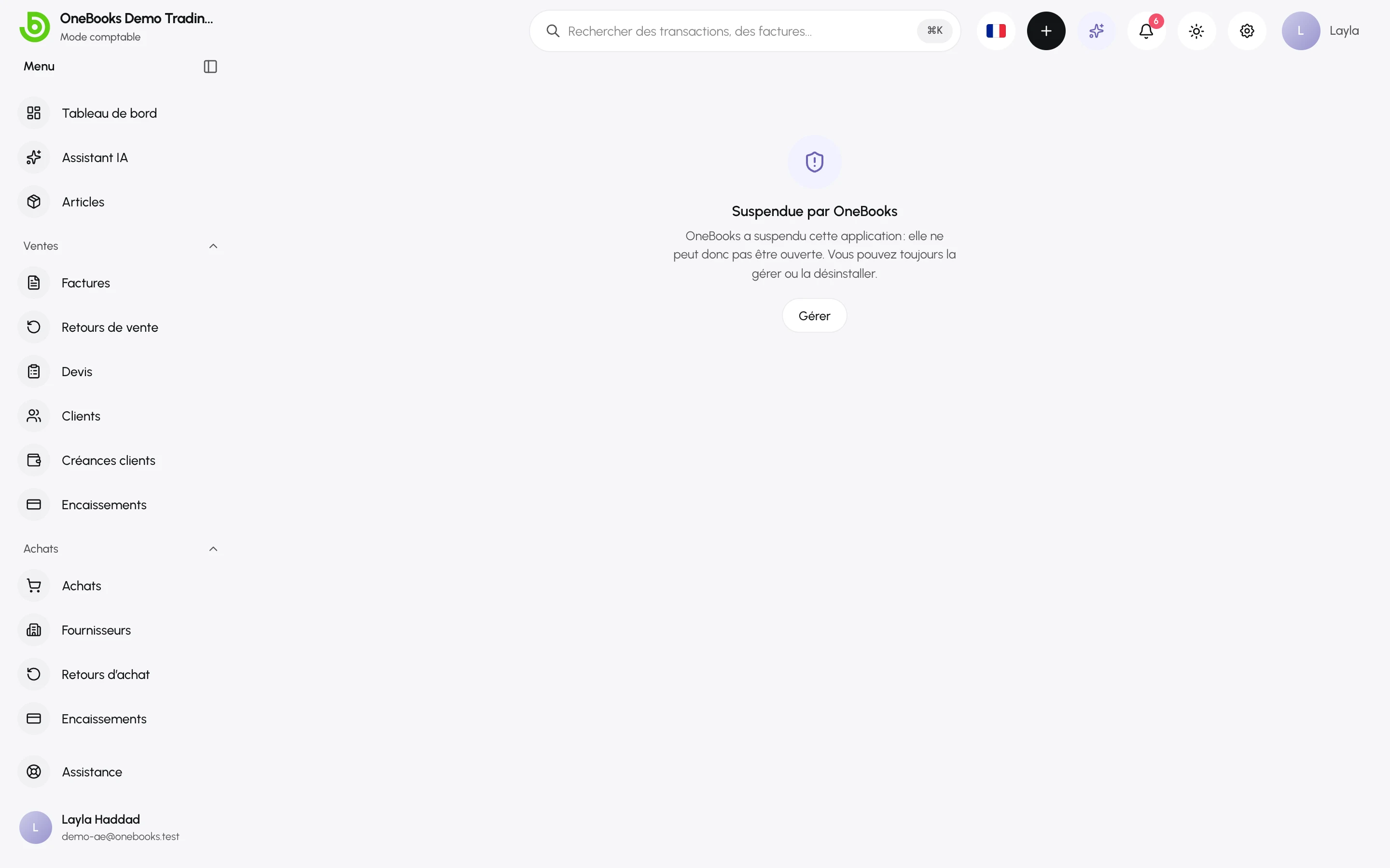 La page d’une application suspendue : Suspendue par OneBooks, avec Gérer