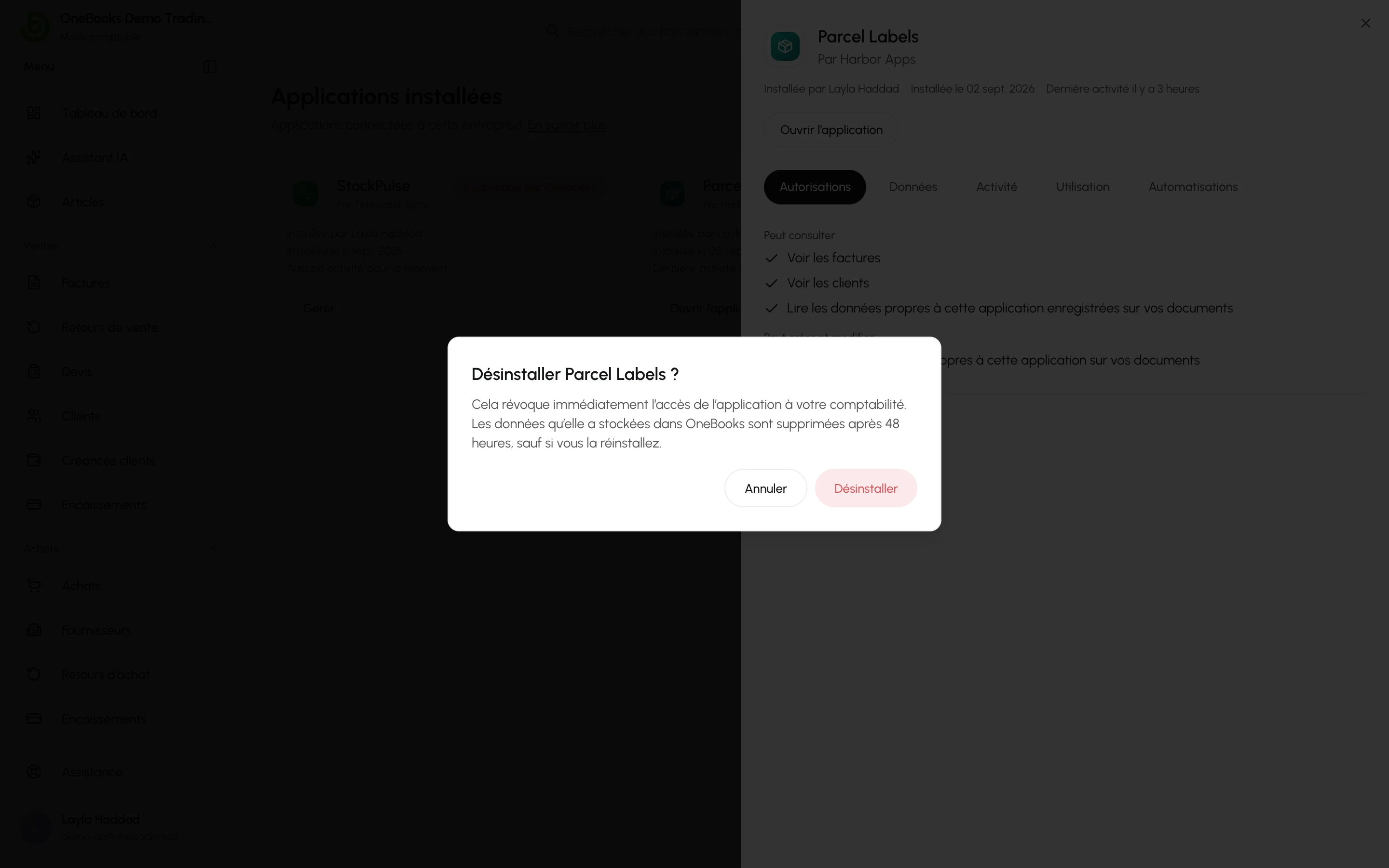 La confirmation avant de désinstaller Parcel Labels, avec Annuler et Désinstaller