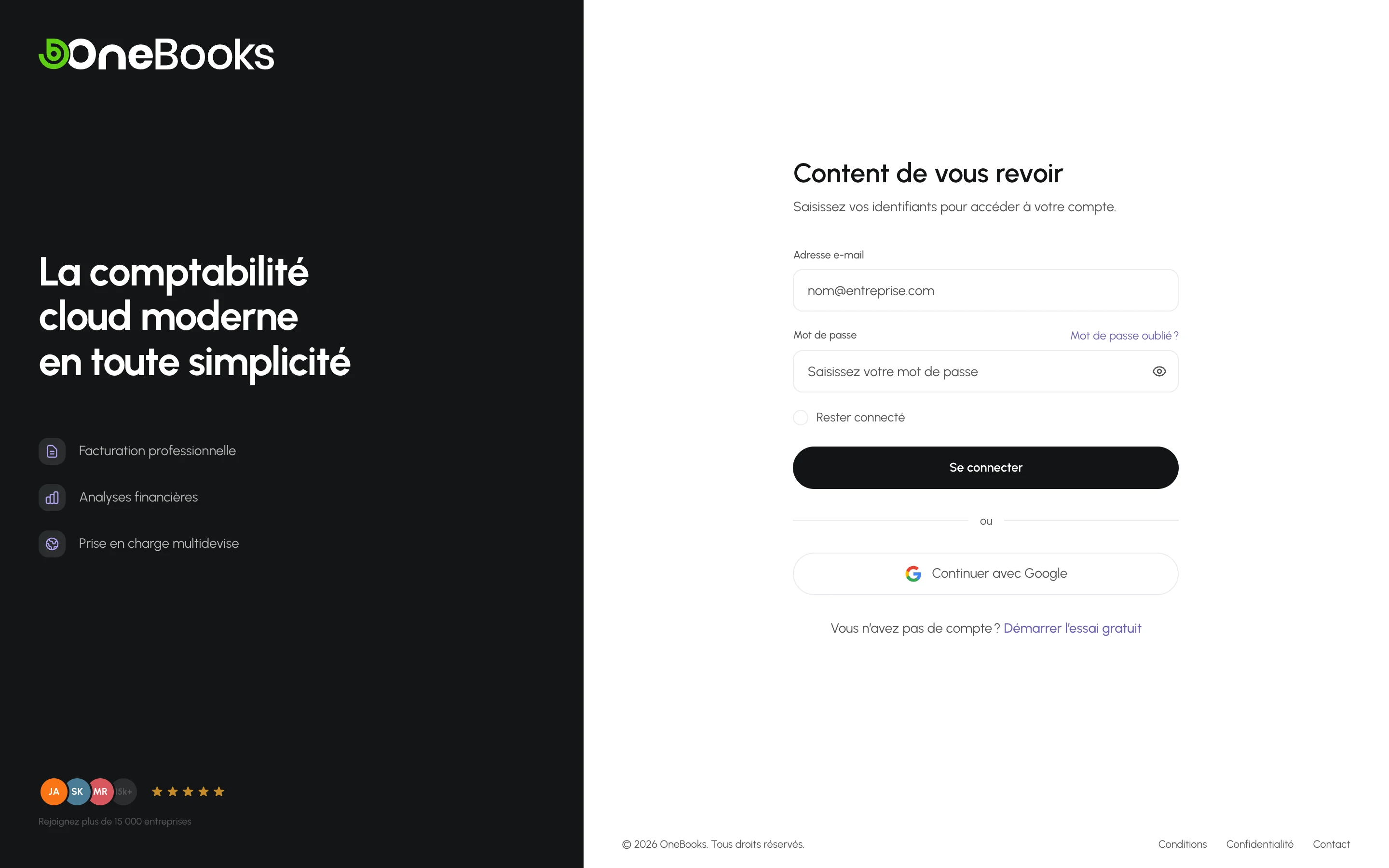 La page de connexion OneBooks avec e-mail, mot de passe et Continuer avec Google