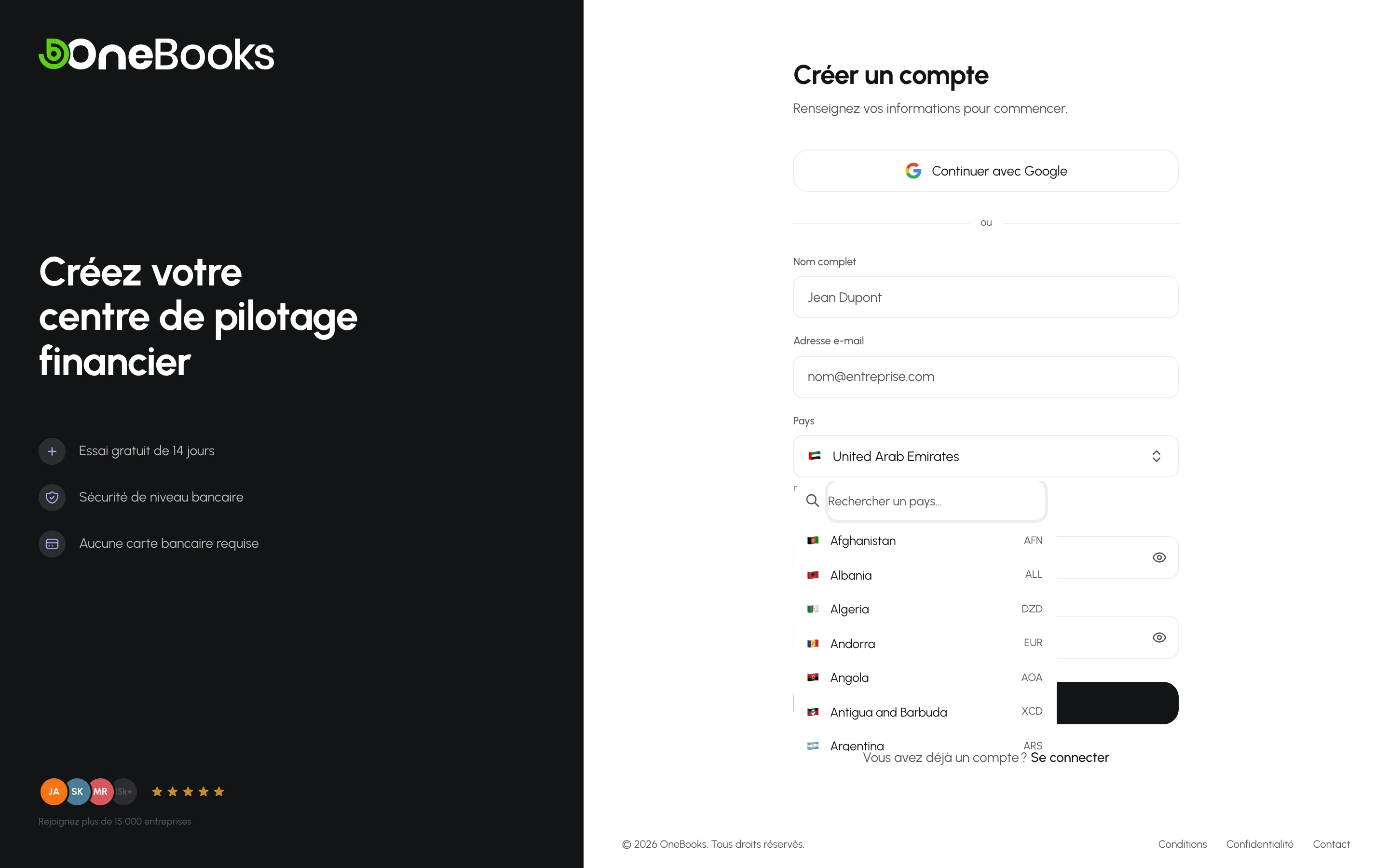 La liste des pays ouverte dans le formulaire d’inscription, avec un champ de recherche et des drapeaux