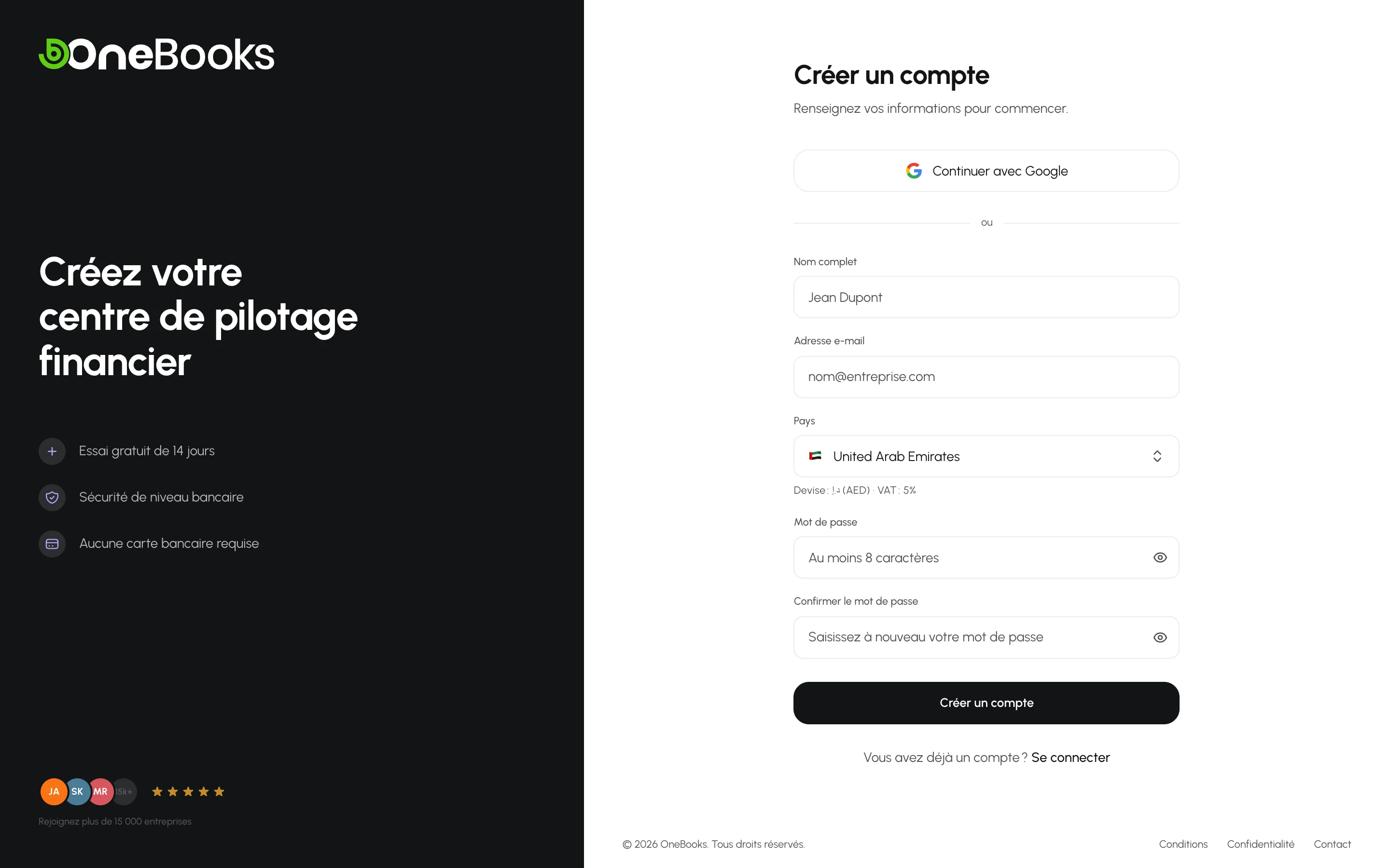 Le formulaire d’inscription OneBooks avec les champs nom, e-mail, mot de passe et pays