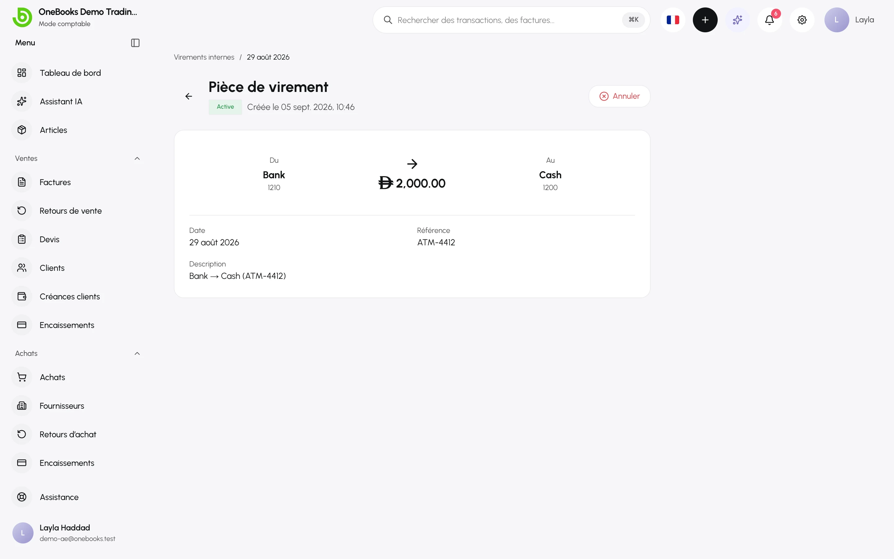 La page d’une pièce de virement avec ses lignes d’écriture et l’action Annuler