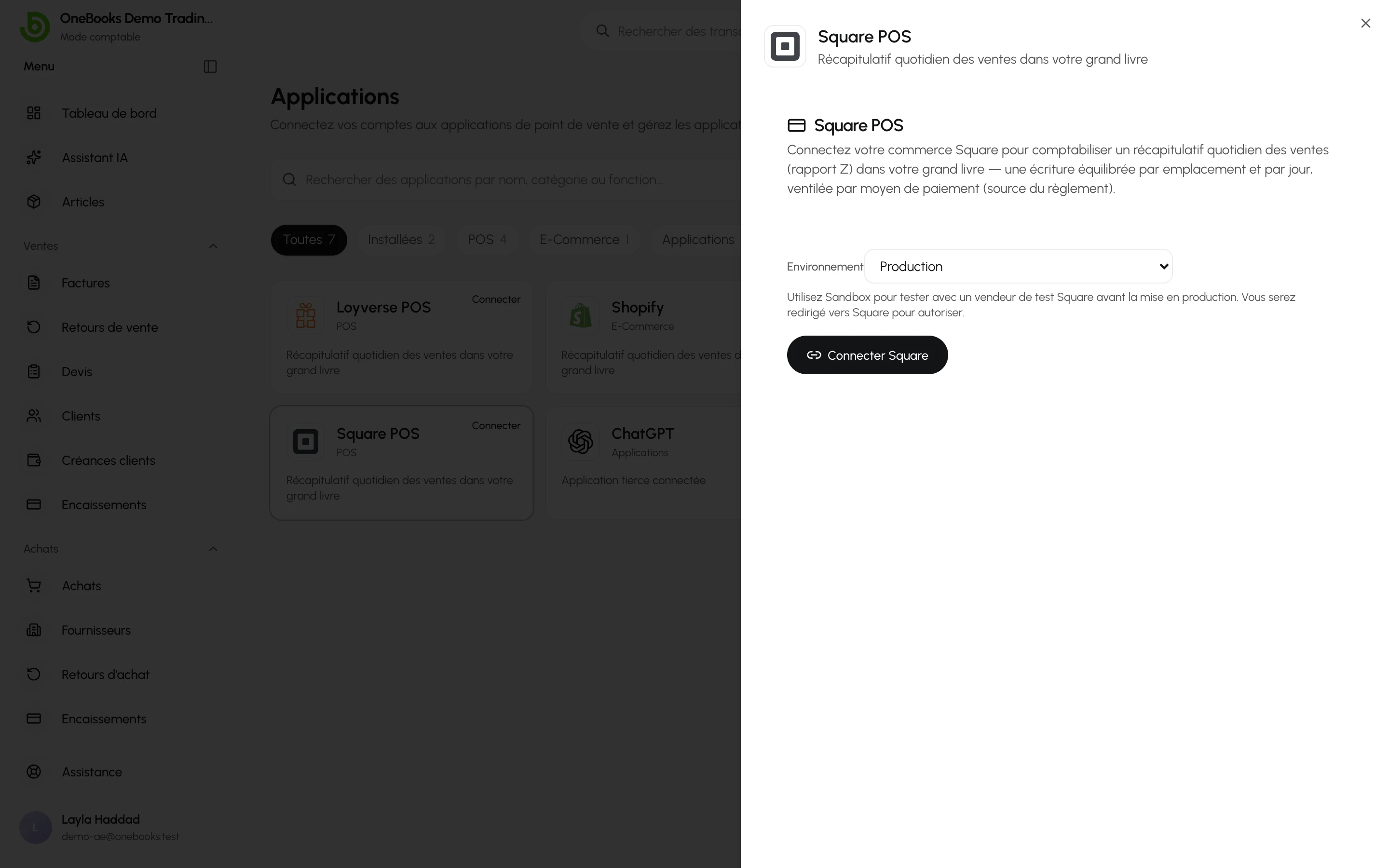 La page de connexion Square dans Applications