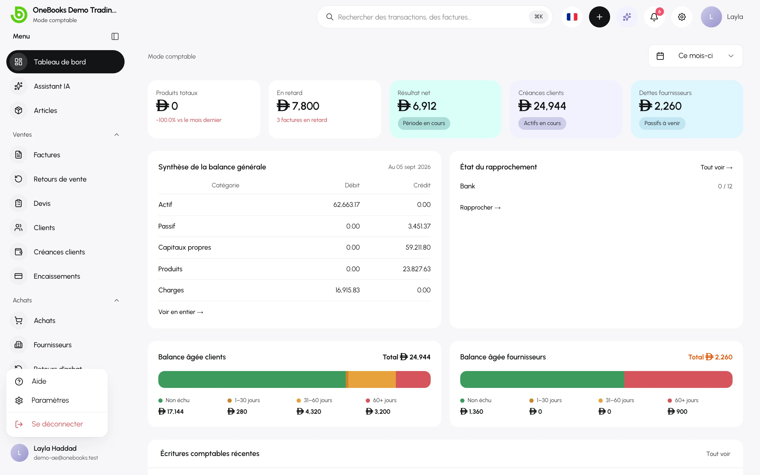 Le menu utilisateur en bas de la barre latérale, avec Aide, Paramètres et Se déconnecter