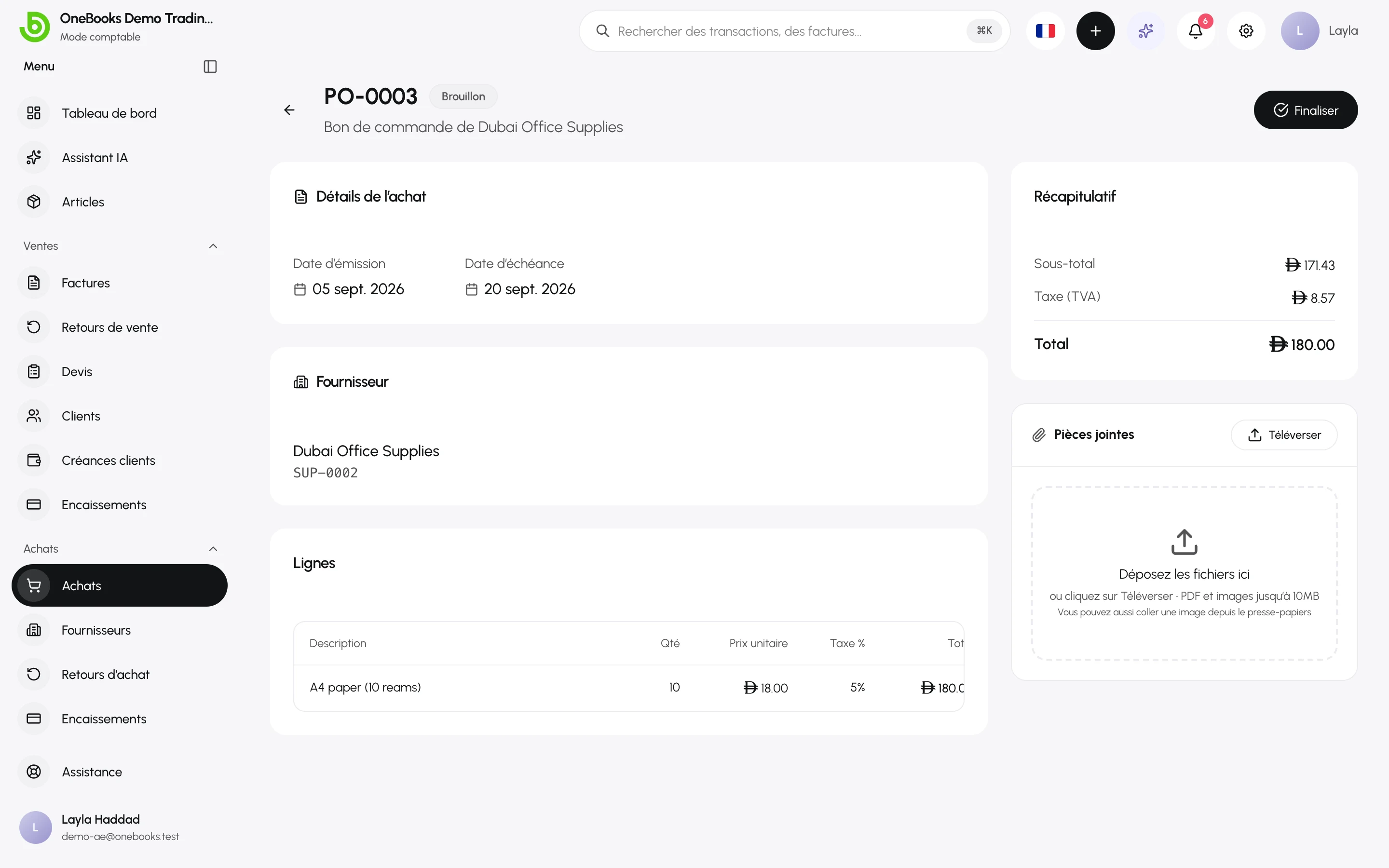 Un achat en brouillon avec l’action Finaliser