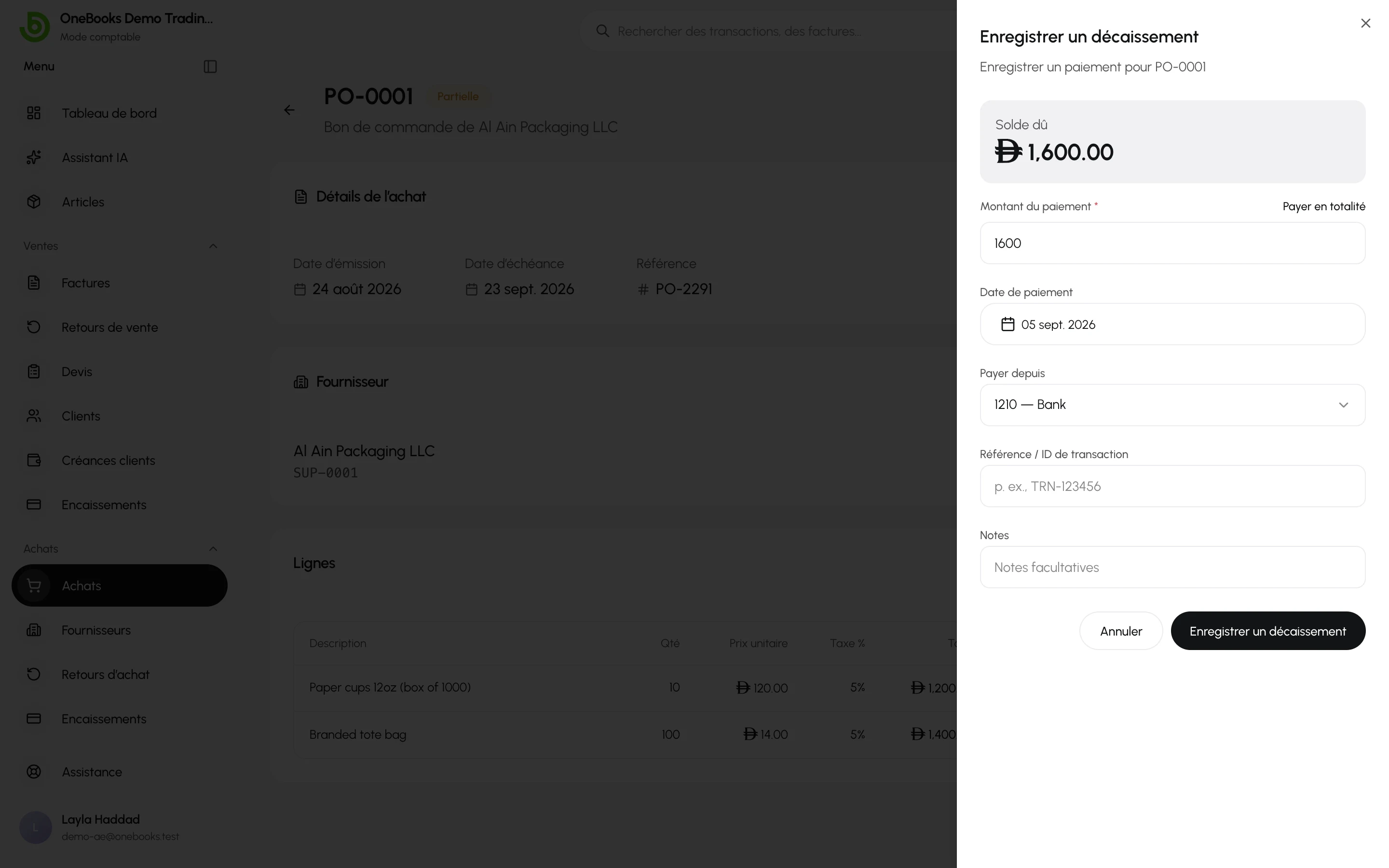 La boîte de dialogue Enregistrer un décaissement sur un achat