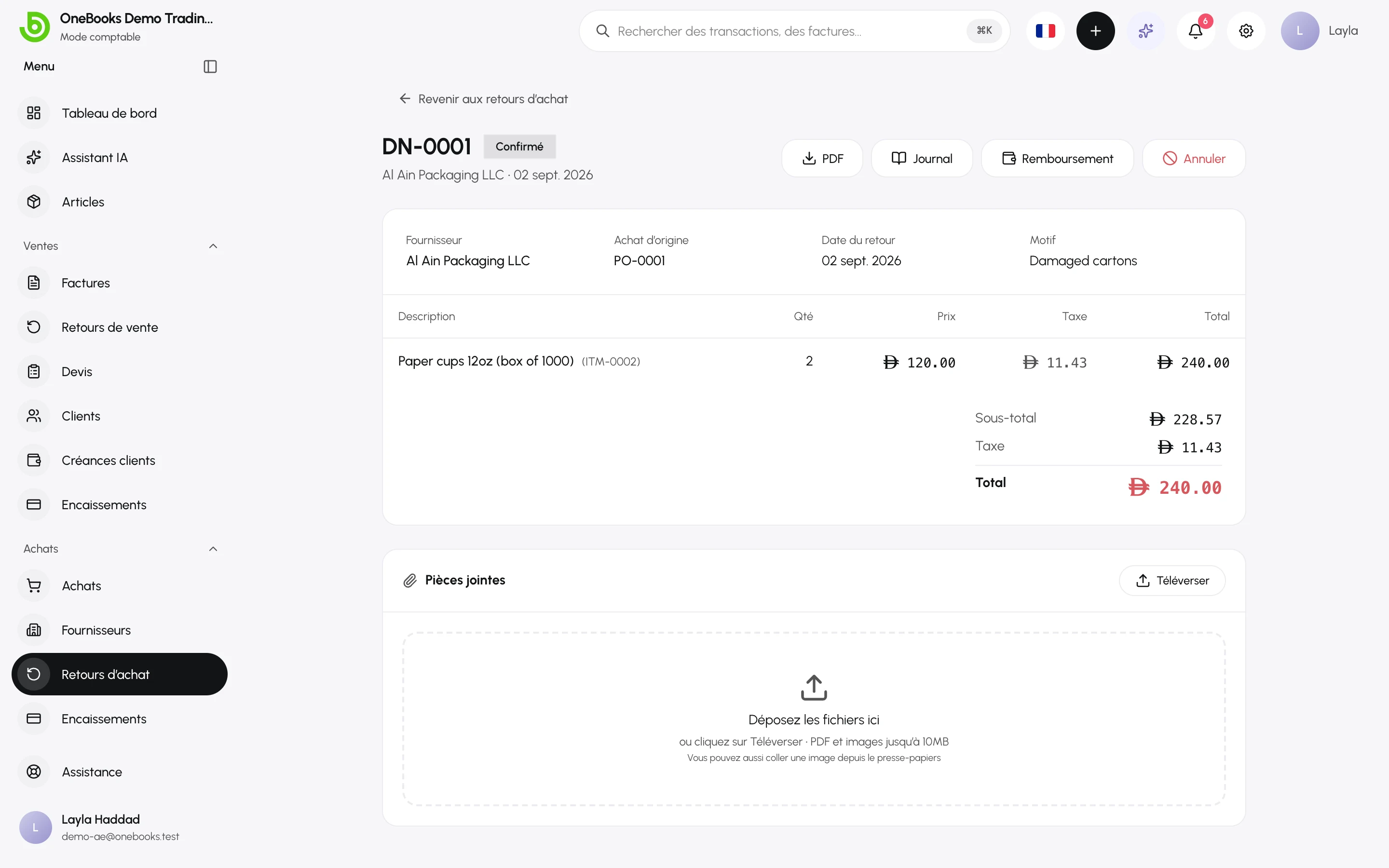 Une note de débit confirmée avec l’action Remboursement