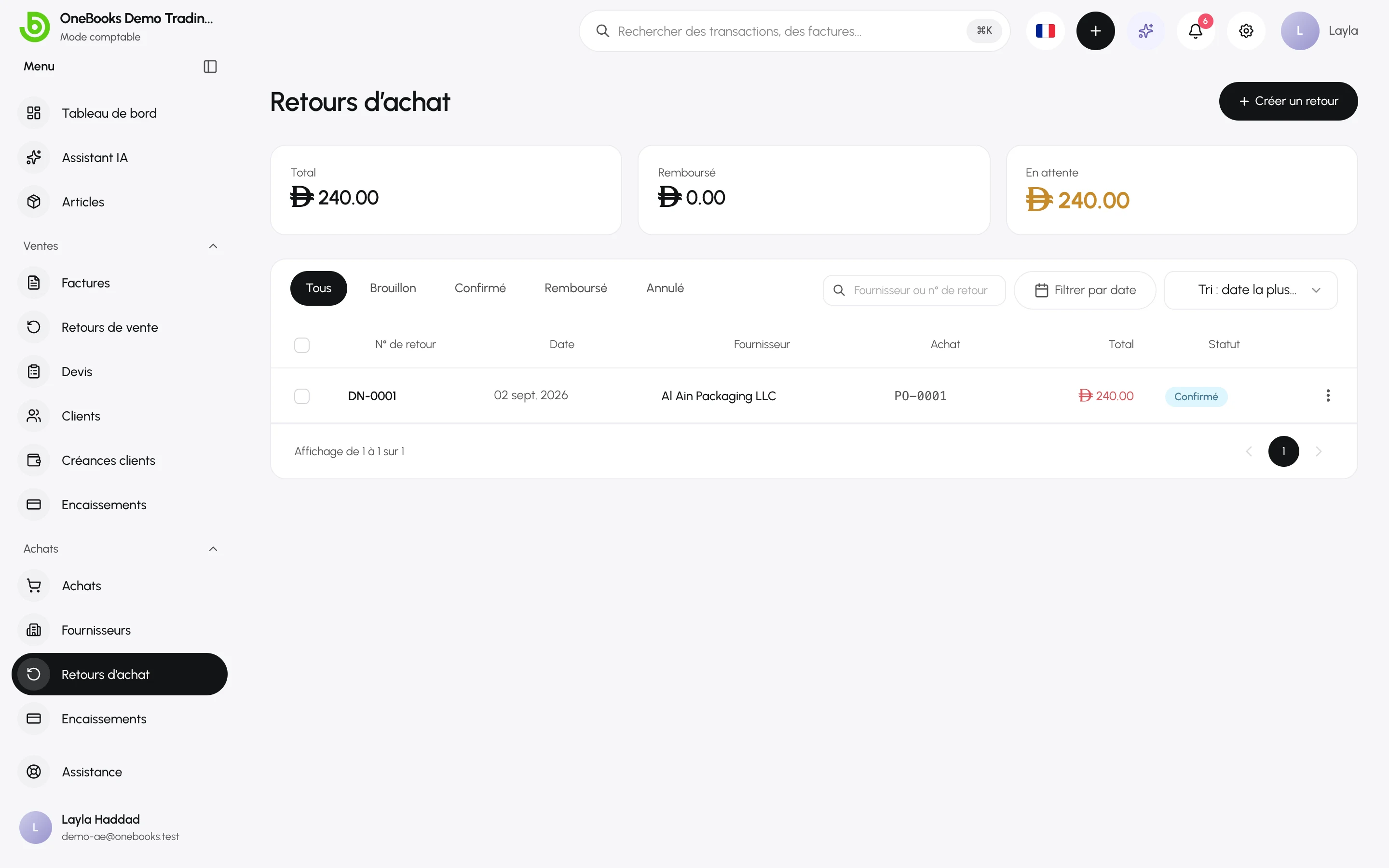 La liste des retours d’achat