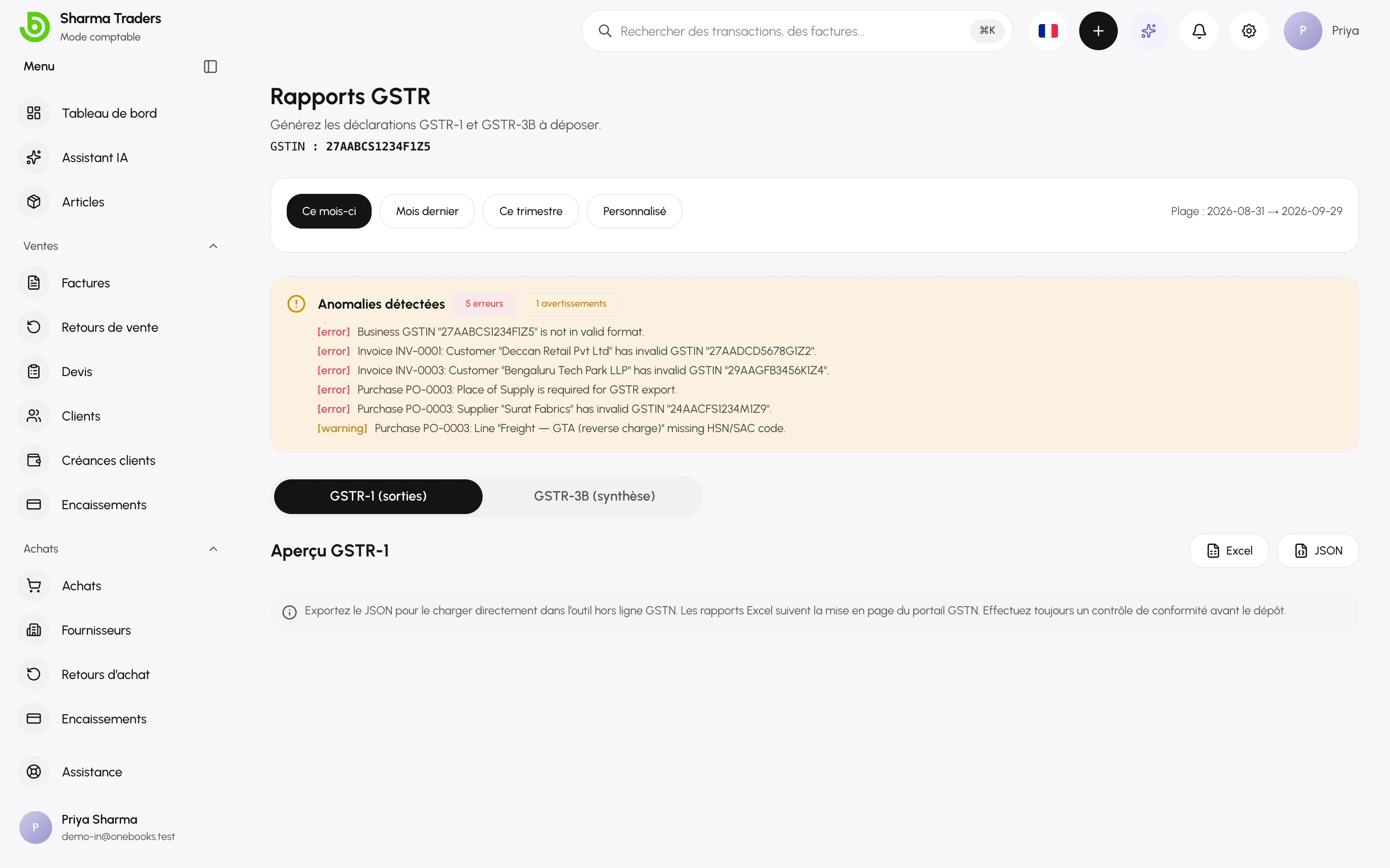 L’aperçu de la GSTR-1 avec les sections B2B, B2CS et HSN