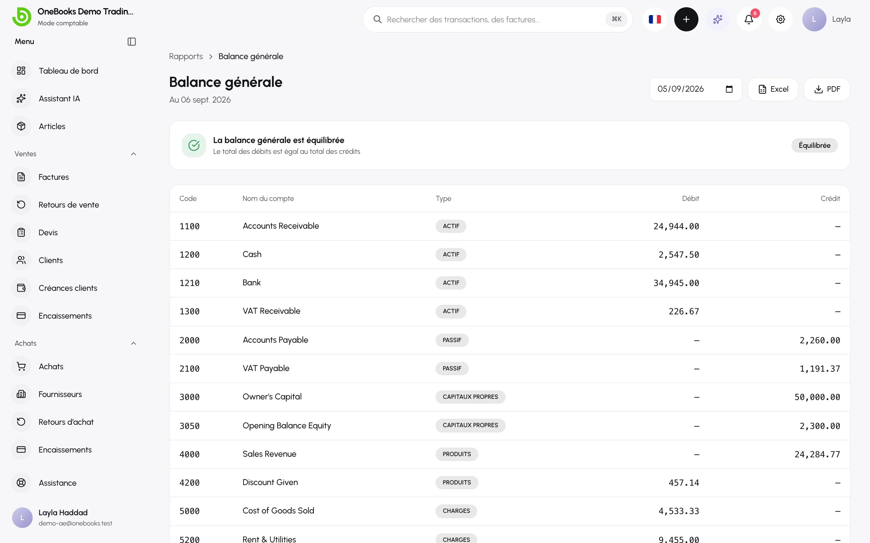 La balance générale avec les codes de compte, les colonnes débit et crédit et le badge Équilibrée