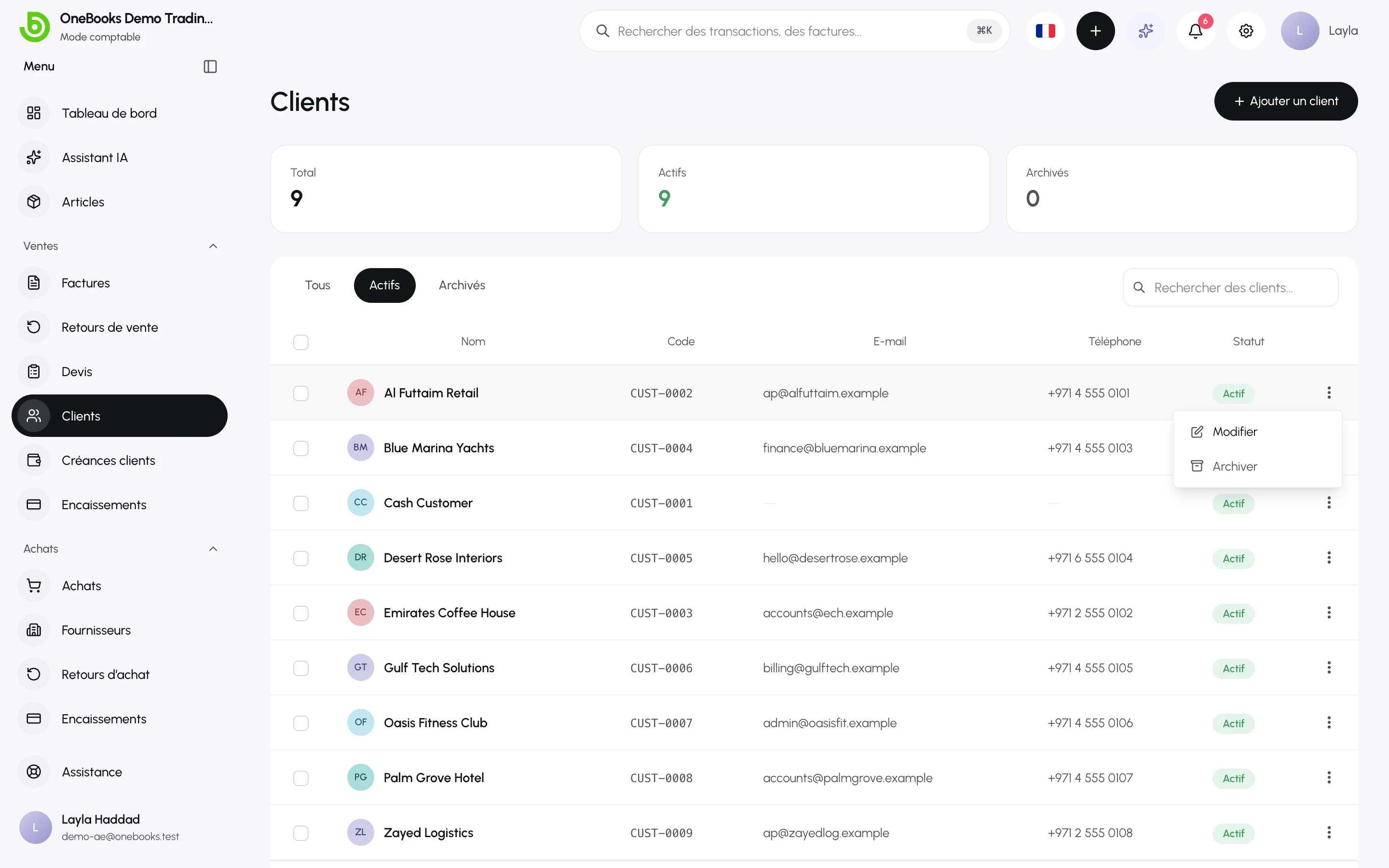Le menu d’actions d’une ligne client avec Modifier, Archiver et Supprimer