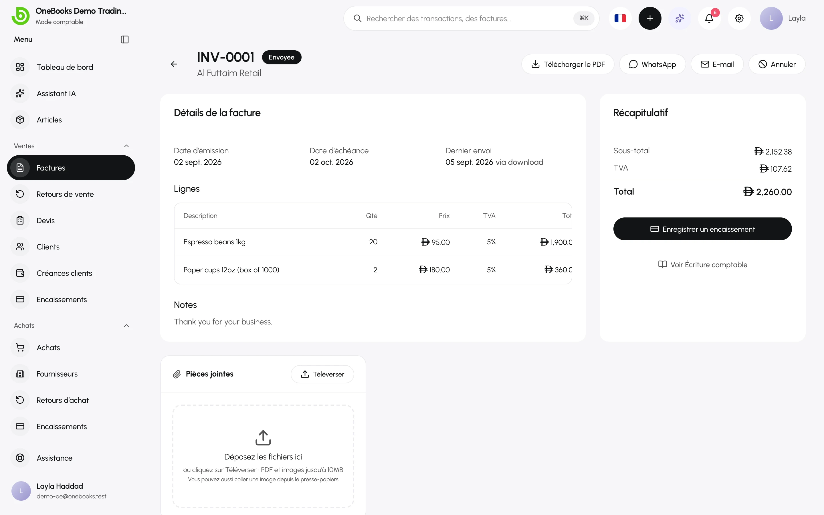Une facture au statut Envoyée, avec ses actions PDF, encaissement et écriture comptable