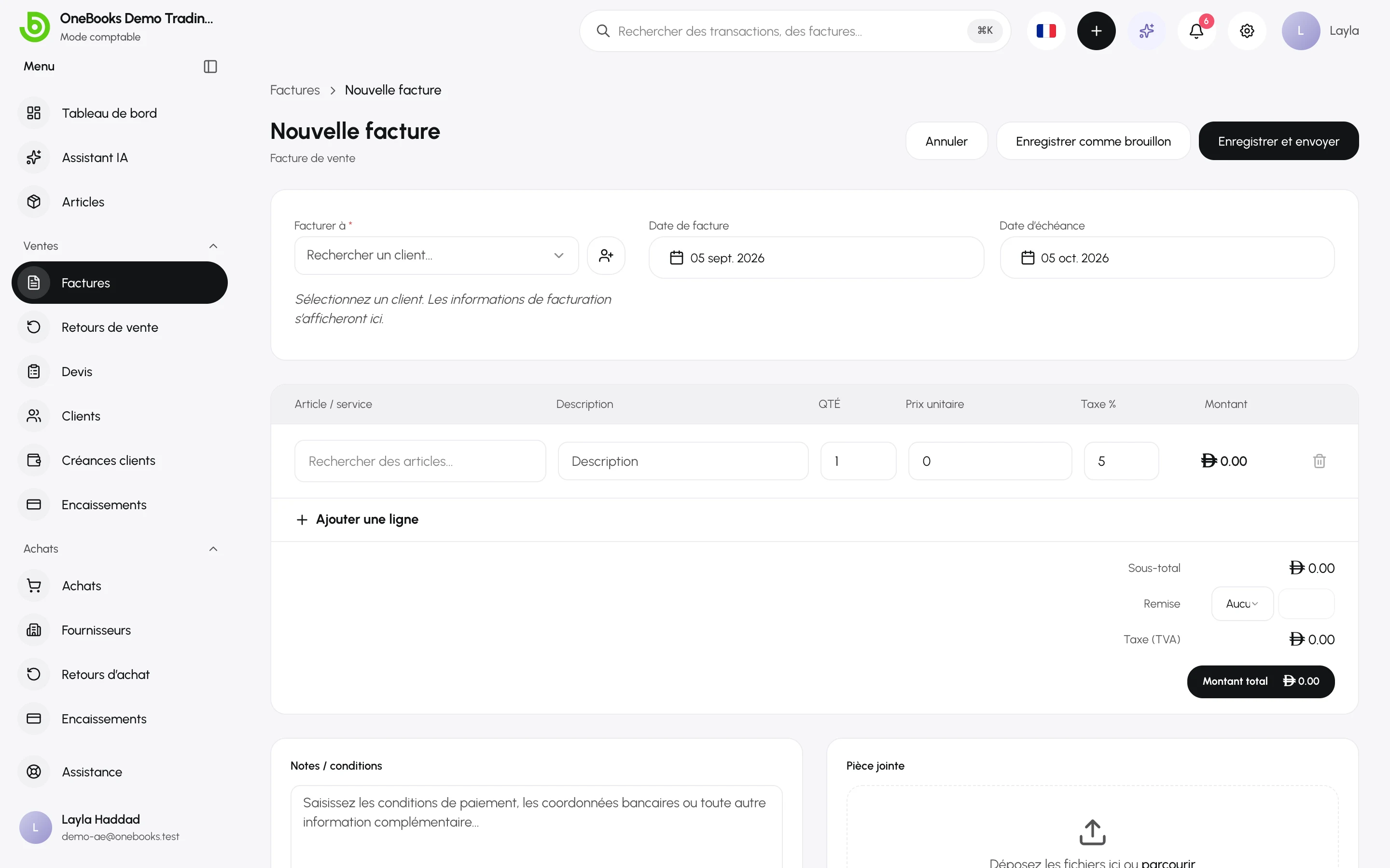Le formulaire Nouvelle facture avec Facturer à, les dates, les lignes, la remise et les totaux