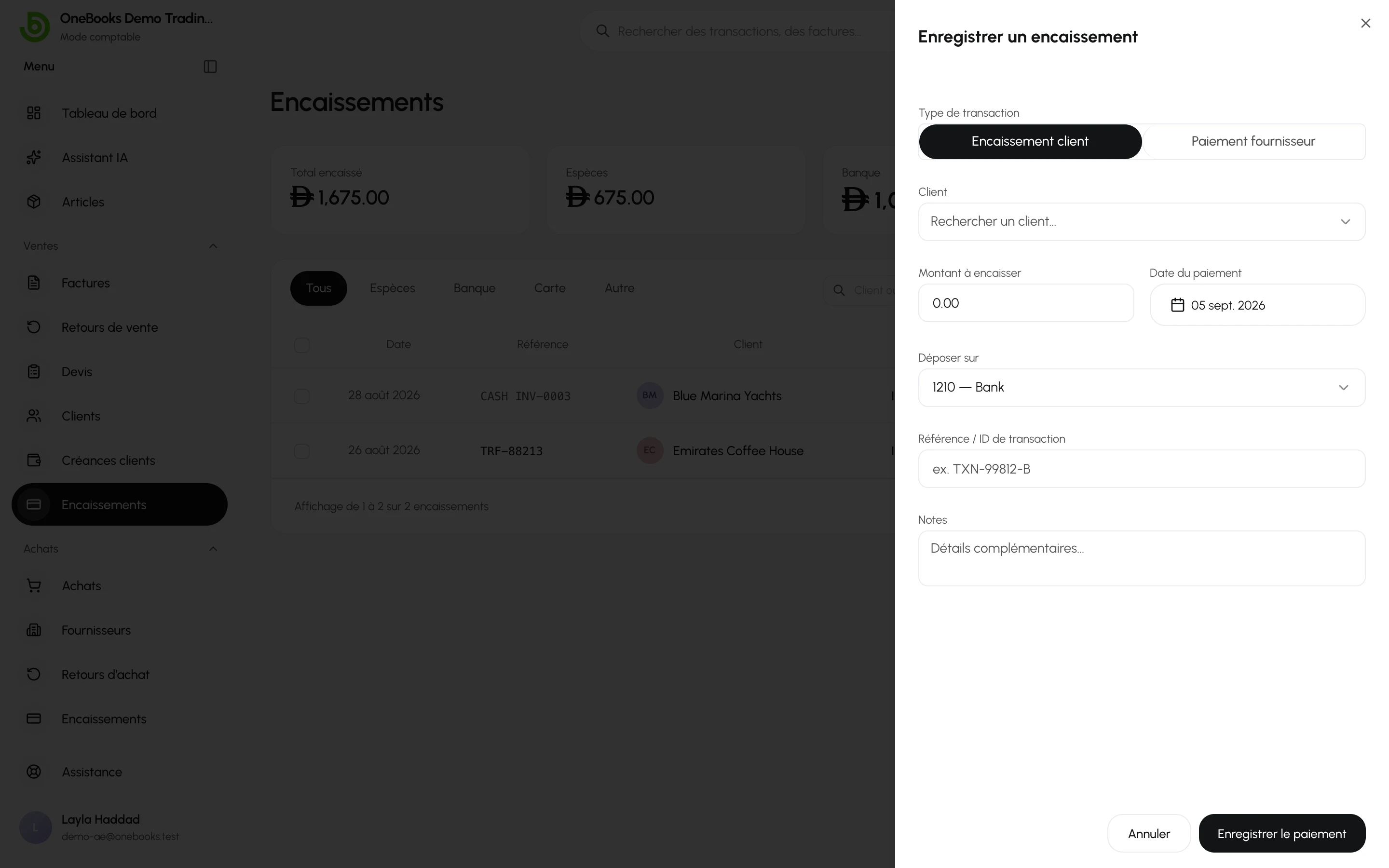 La boîte de dialogue Enregistrer un encaissement indépendant avec l’affectation aux factures