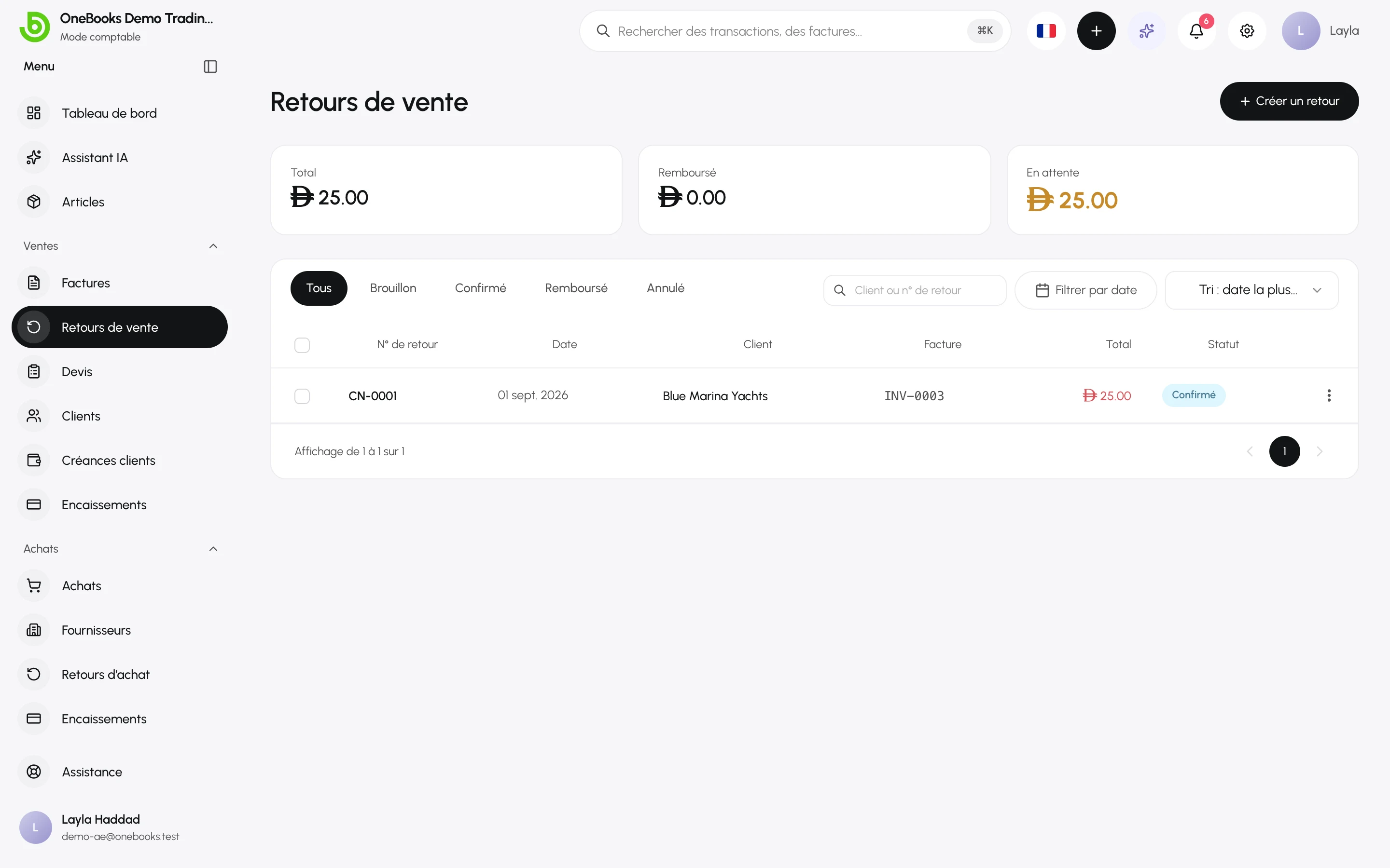 La liste des retours de vente avec les statuts et les remboursements en attente