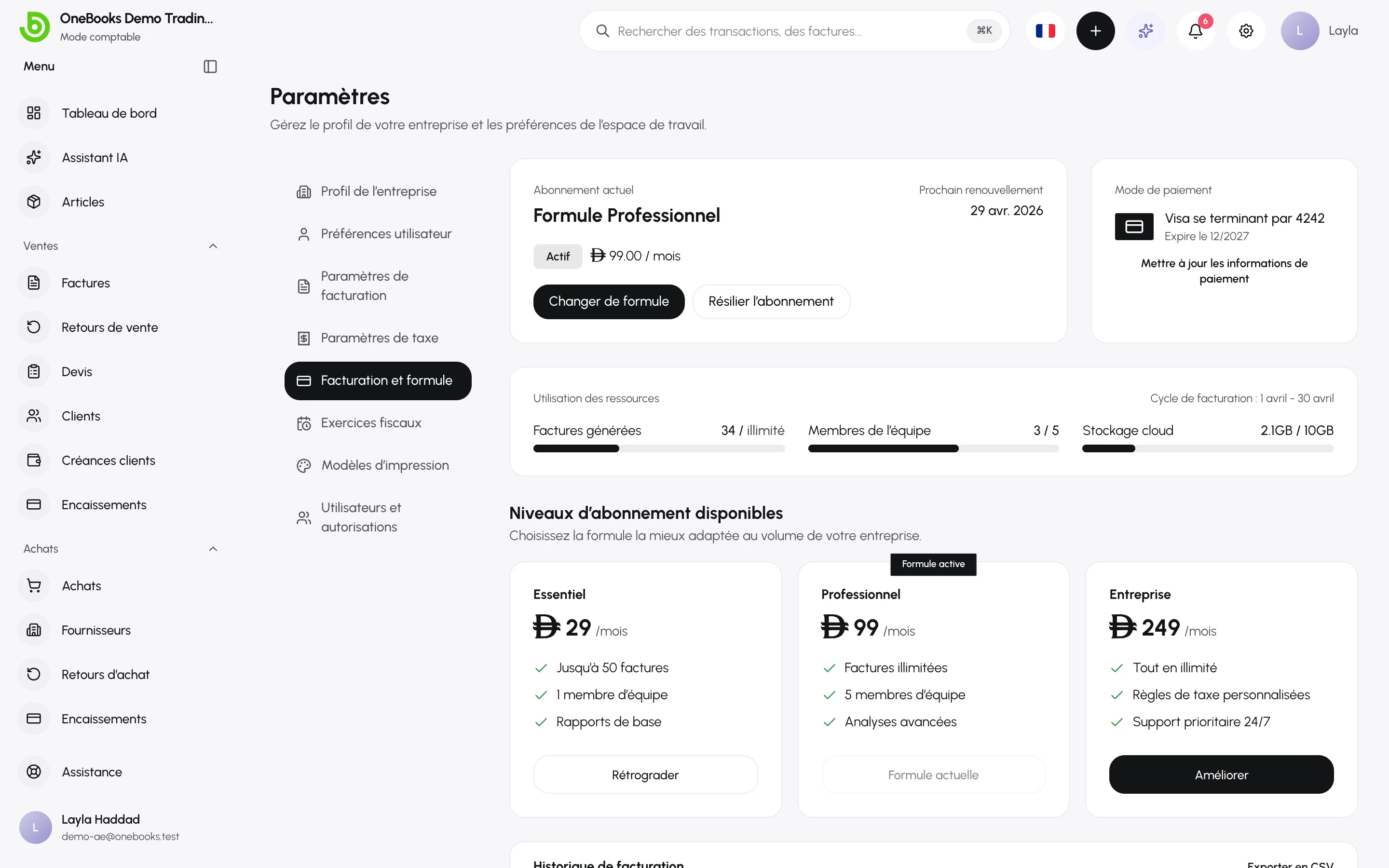Les paramètres Facturation et formule avec la formule actuelle et les options de changement