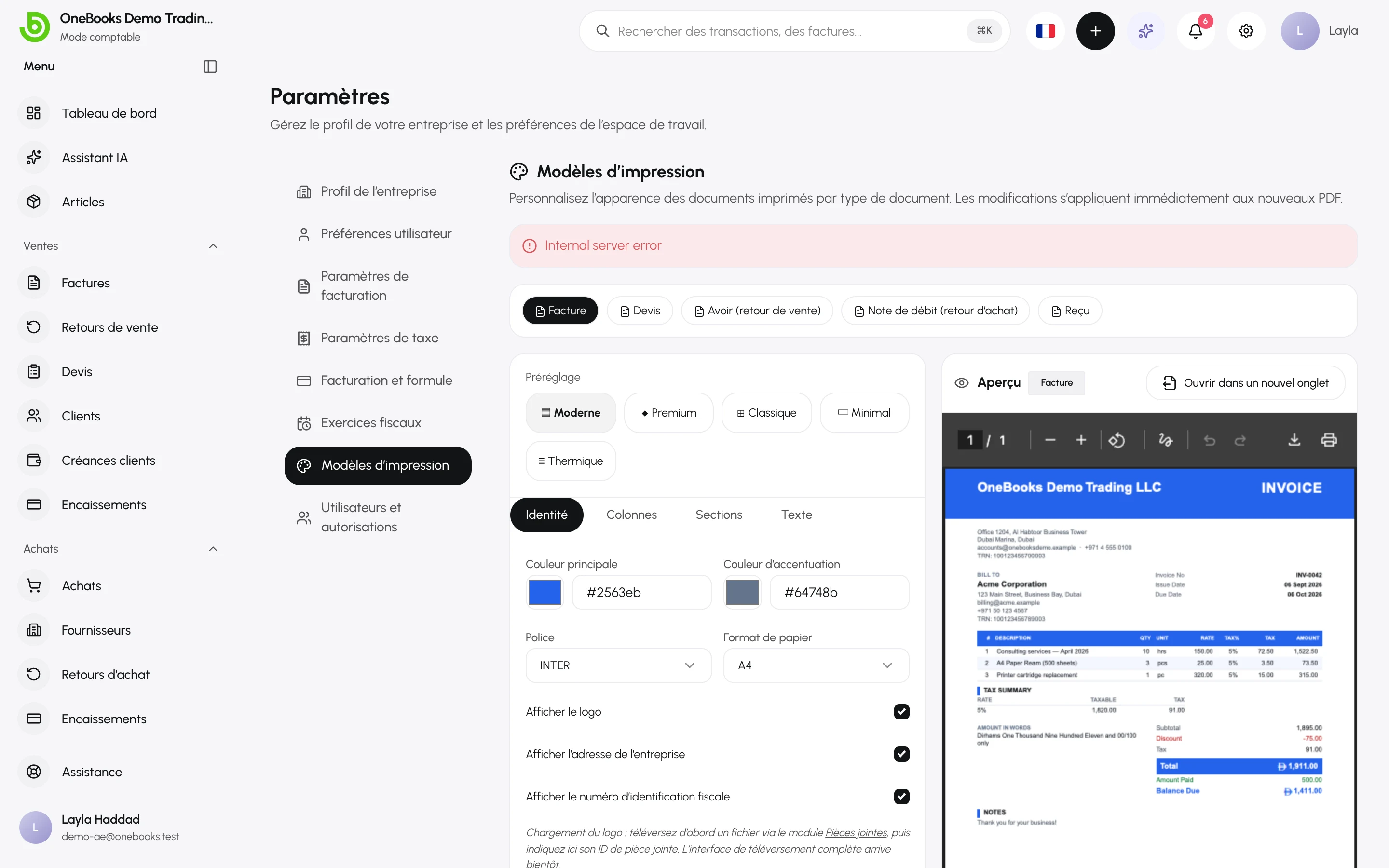 Les paramètres Modèles d’impression, avec une carte par type de document