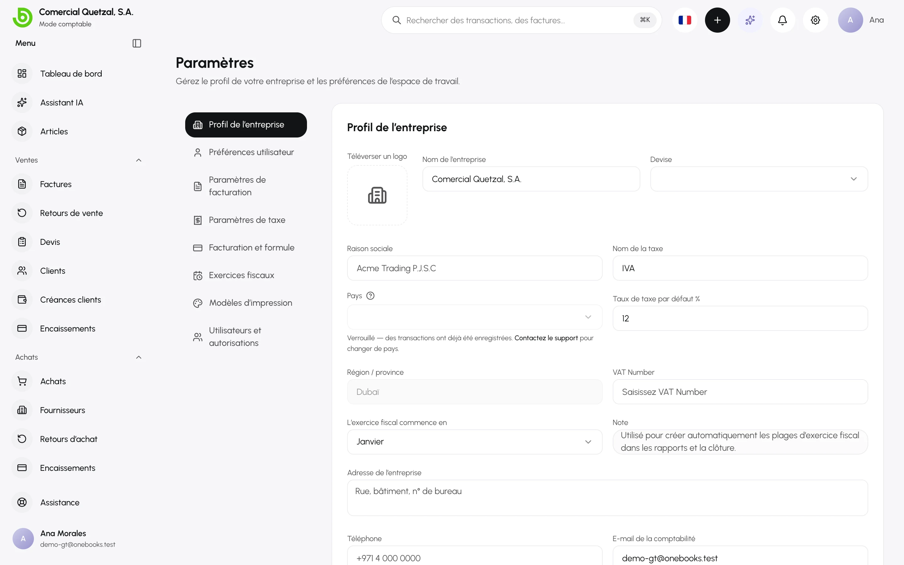 Les paramètres d’une entreprise guatémaltèque dans l’interface en espagnol