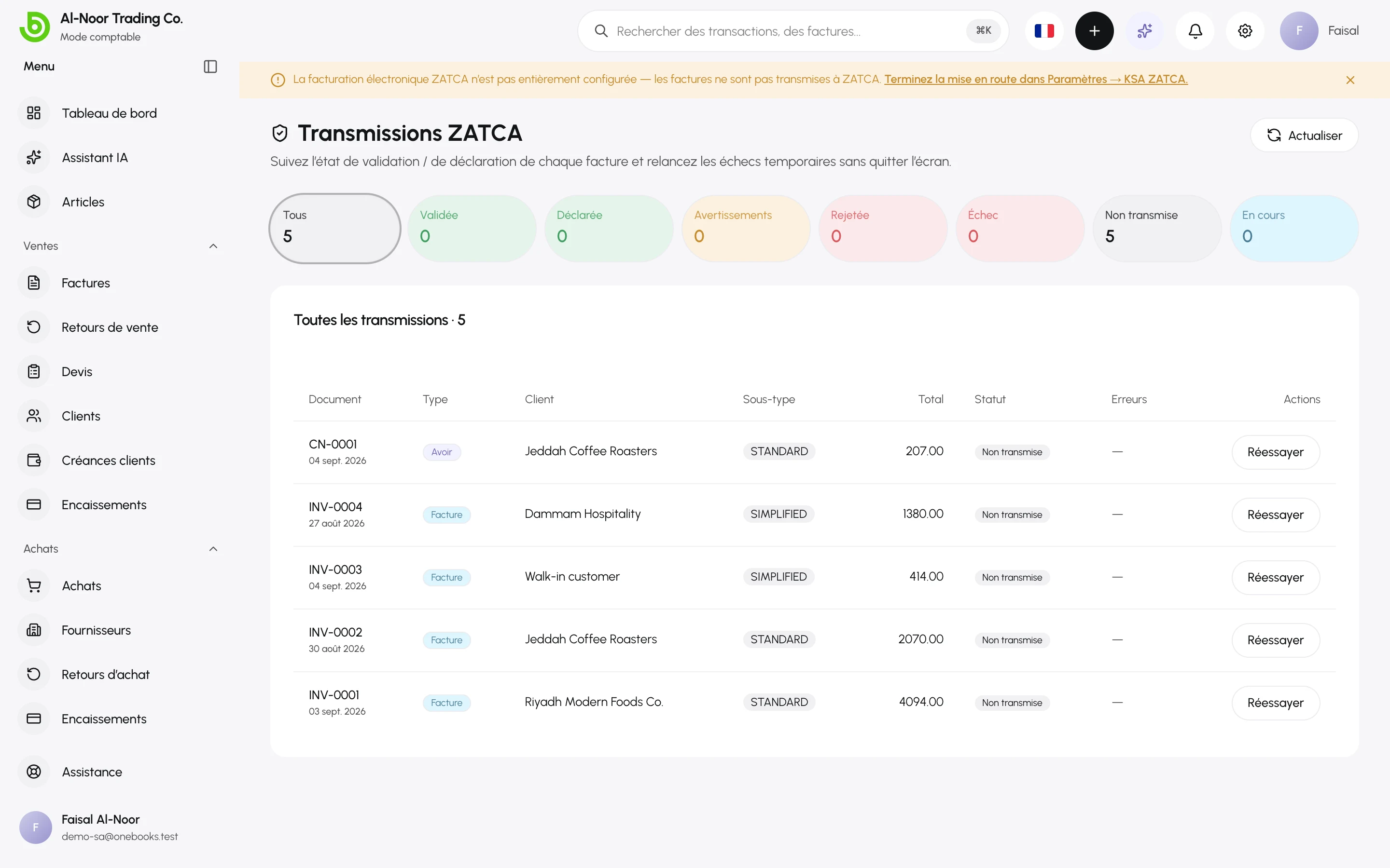 Le tableau de bord des transmissions ZATCA — documents en cours, validés, déclarés et rejetés