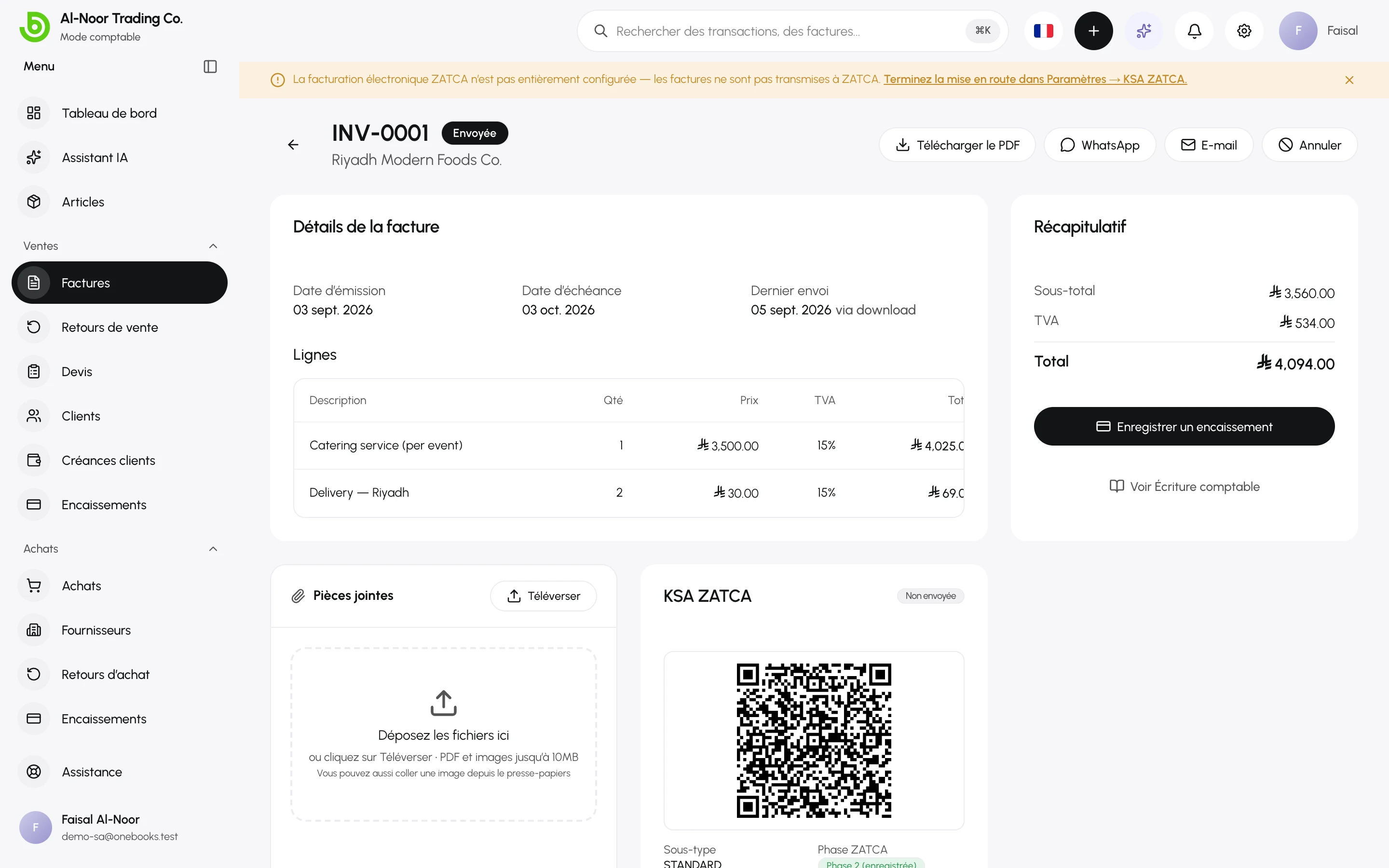 Une facture fiscale standard saoudienne avec la carte KSA ZATCA — sous-type, ICV, UUID et statut de validation