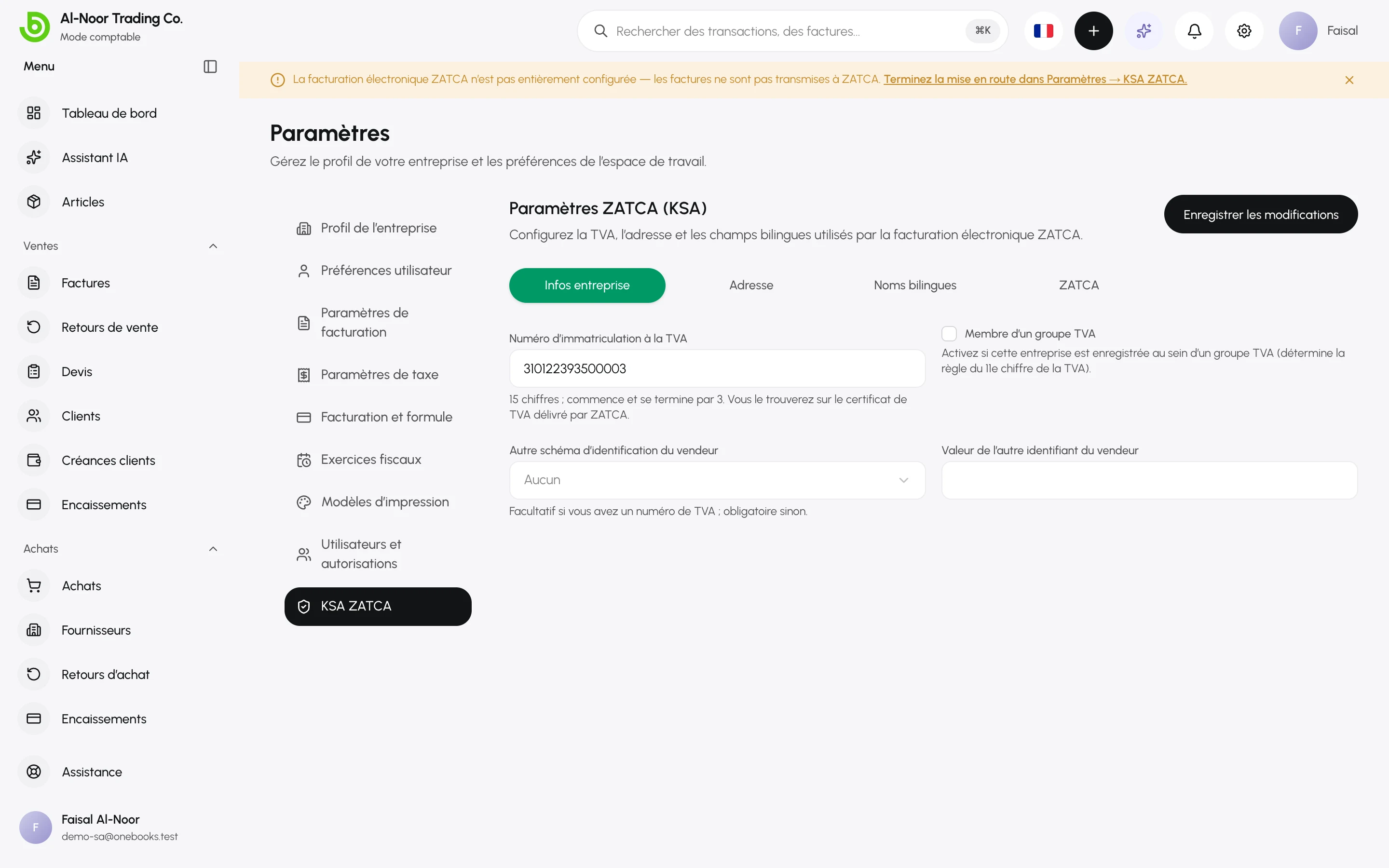 La page Paramètres KSA ZATCA avec les onglets Infos entreprise, Noms bilingues et ZATCA