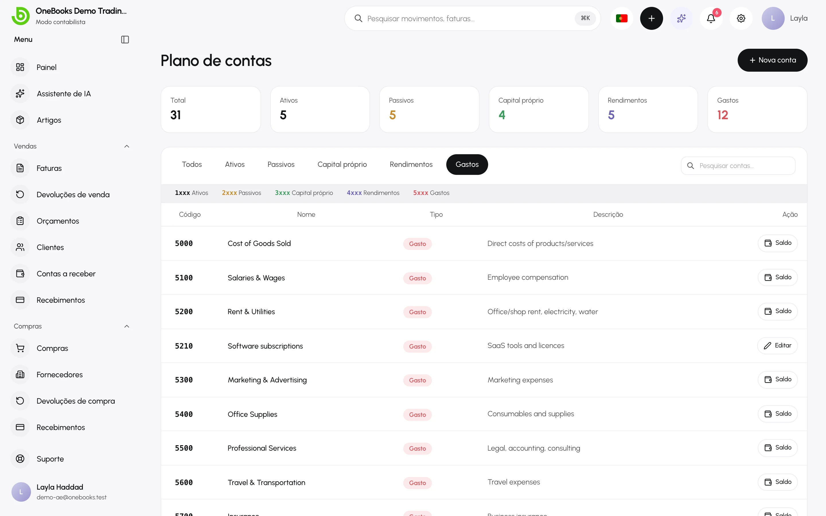 O plano de contas filtrado pelas contas de gastos