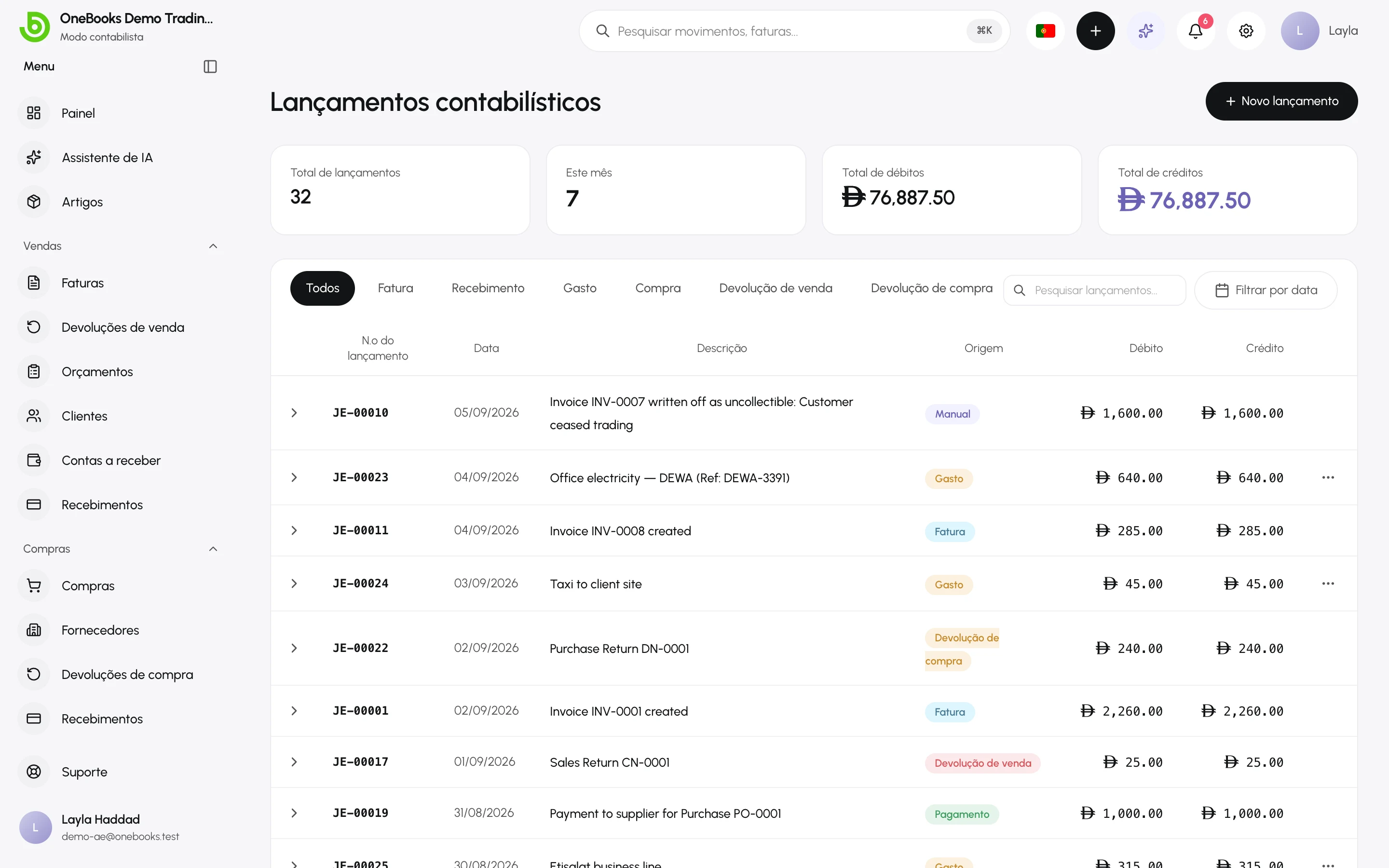 A lista de lançamentos contabilísticos criados automaticamente por faturas, recebimentos e gastos