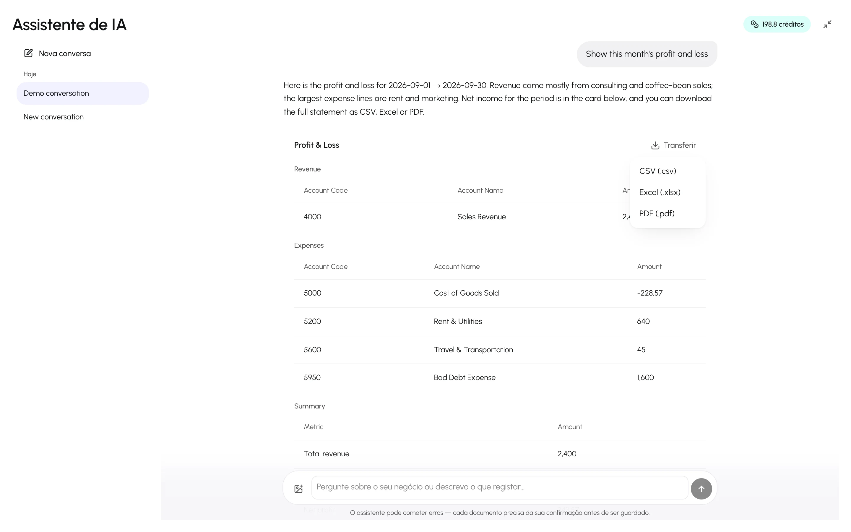 O menu Transferir aberto num cartão de relatório, com as opções CSV, Excel e PDF