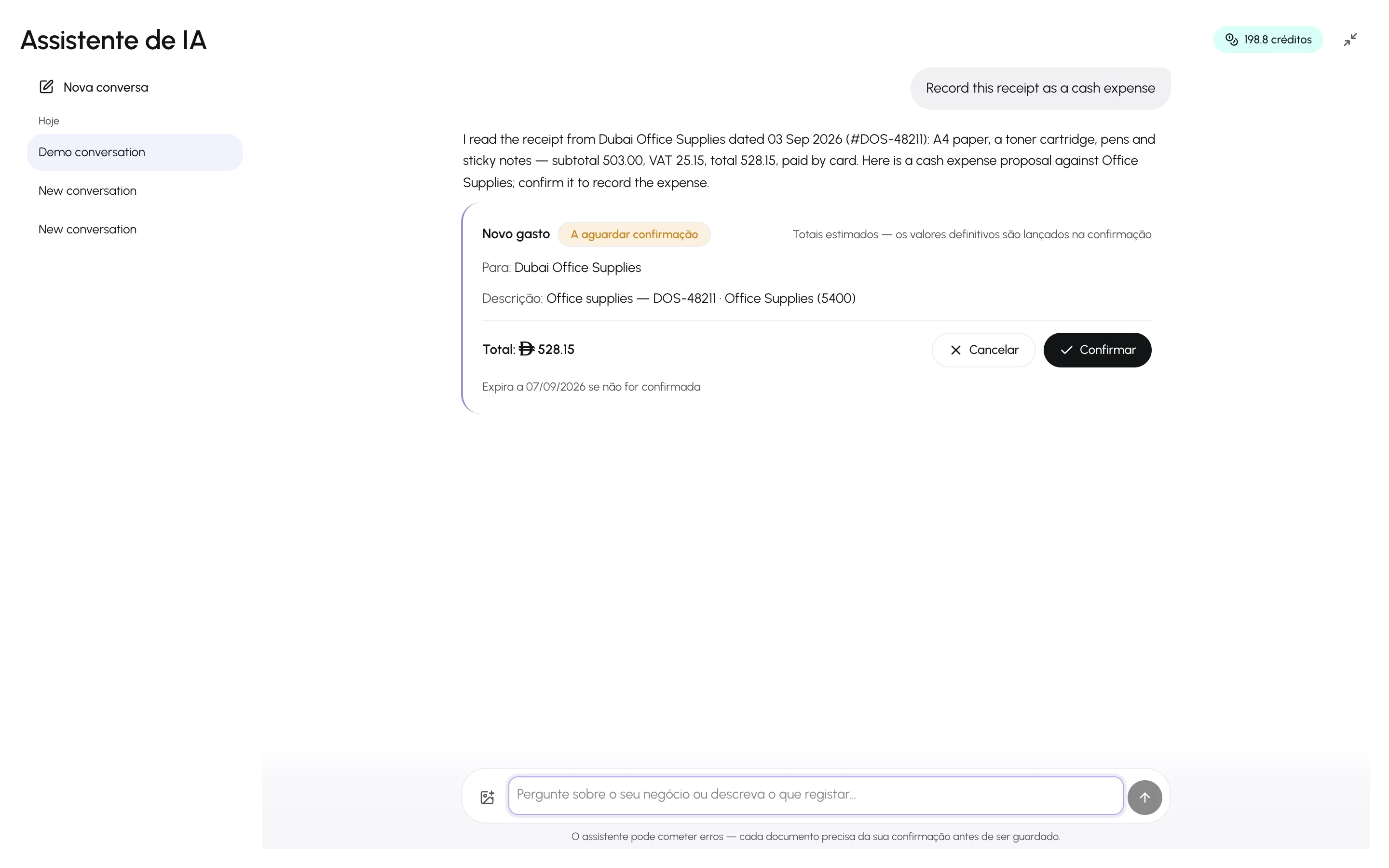 A caixa de mensagem com a imagem de um recibo anexada e a proposta do assistente