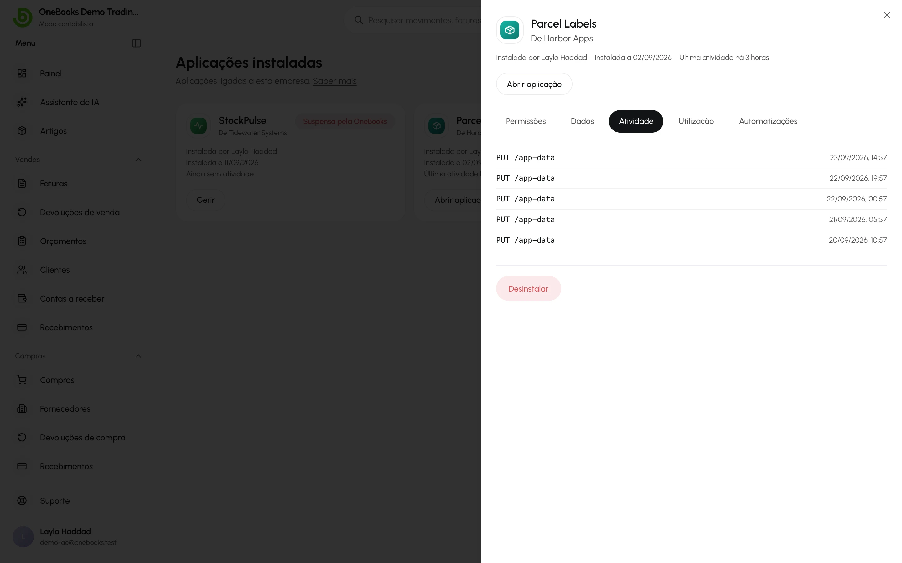 O separador Atividade lista cada alteração feita pela aplicação, com a data e a hora