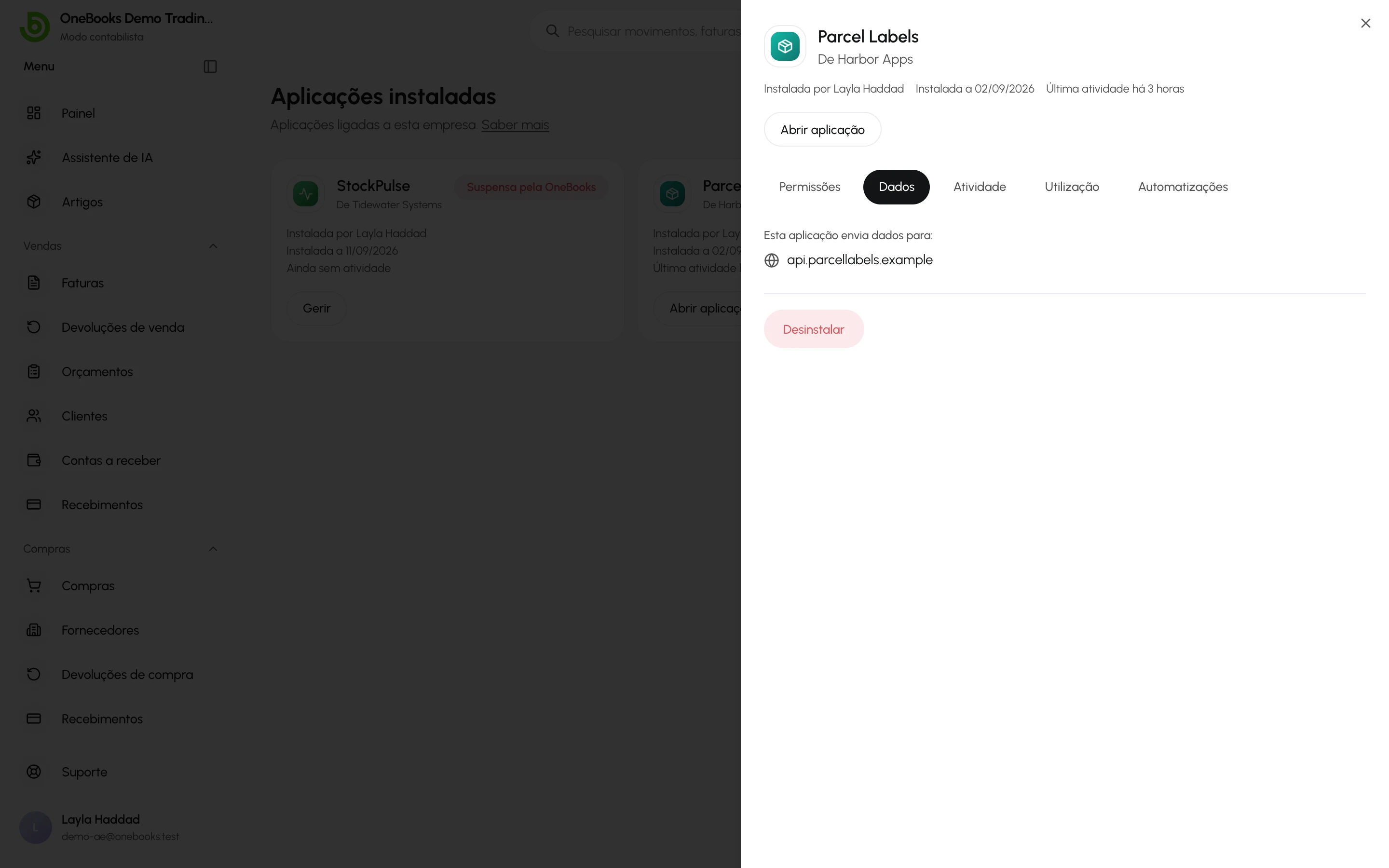 O separador Dados com o destino externo para onde as automatizações da aplicação podem enviar dados
