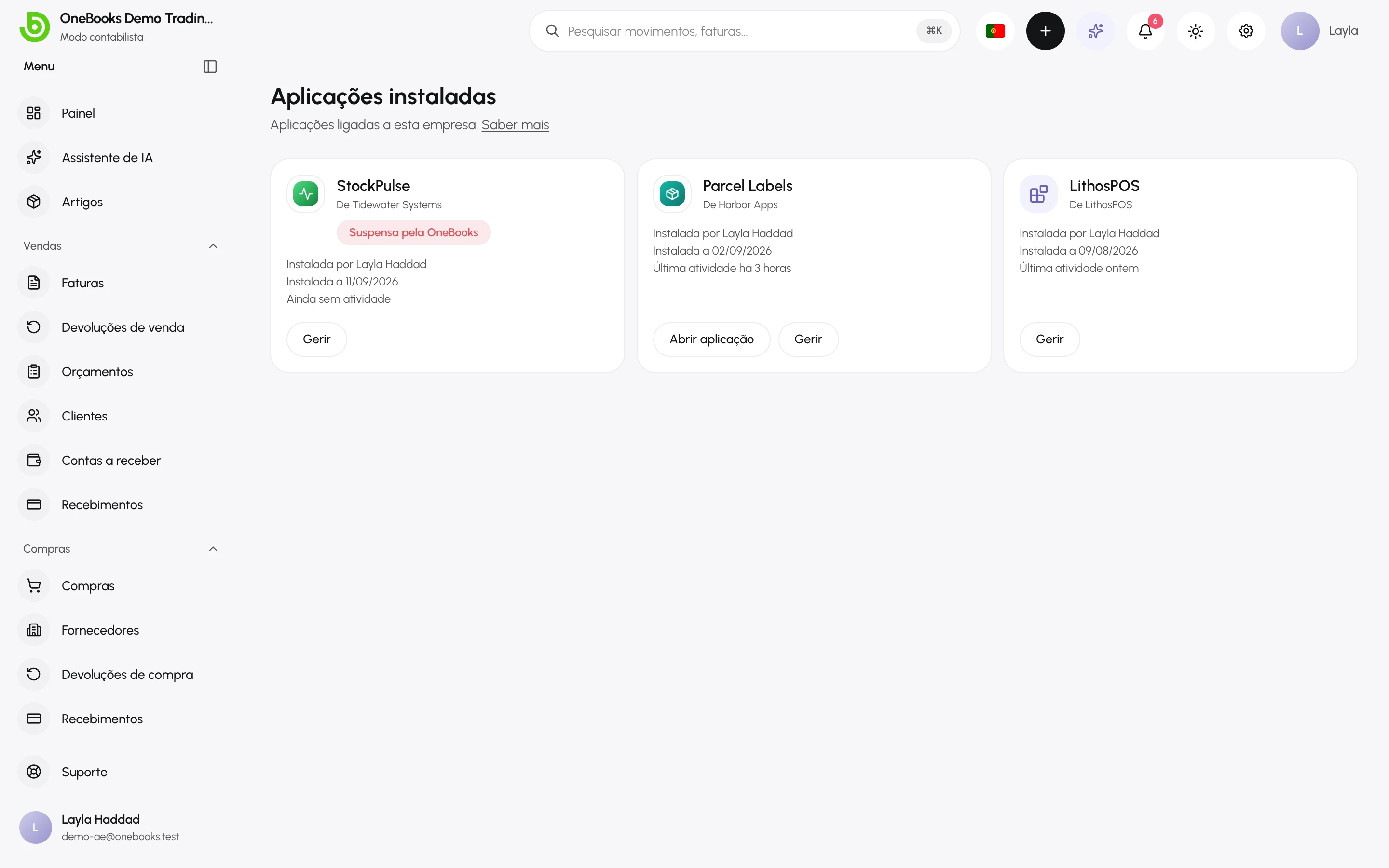 Aplicações instaladas: três cartões com quem instalou cada aplicação, quando e a última atividade; um deles marcado como Suspensa pela OneBooks