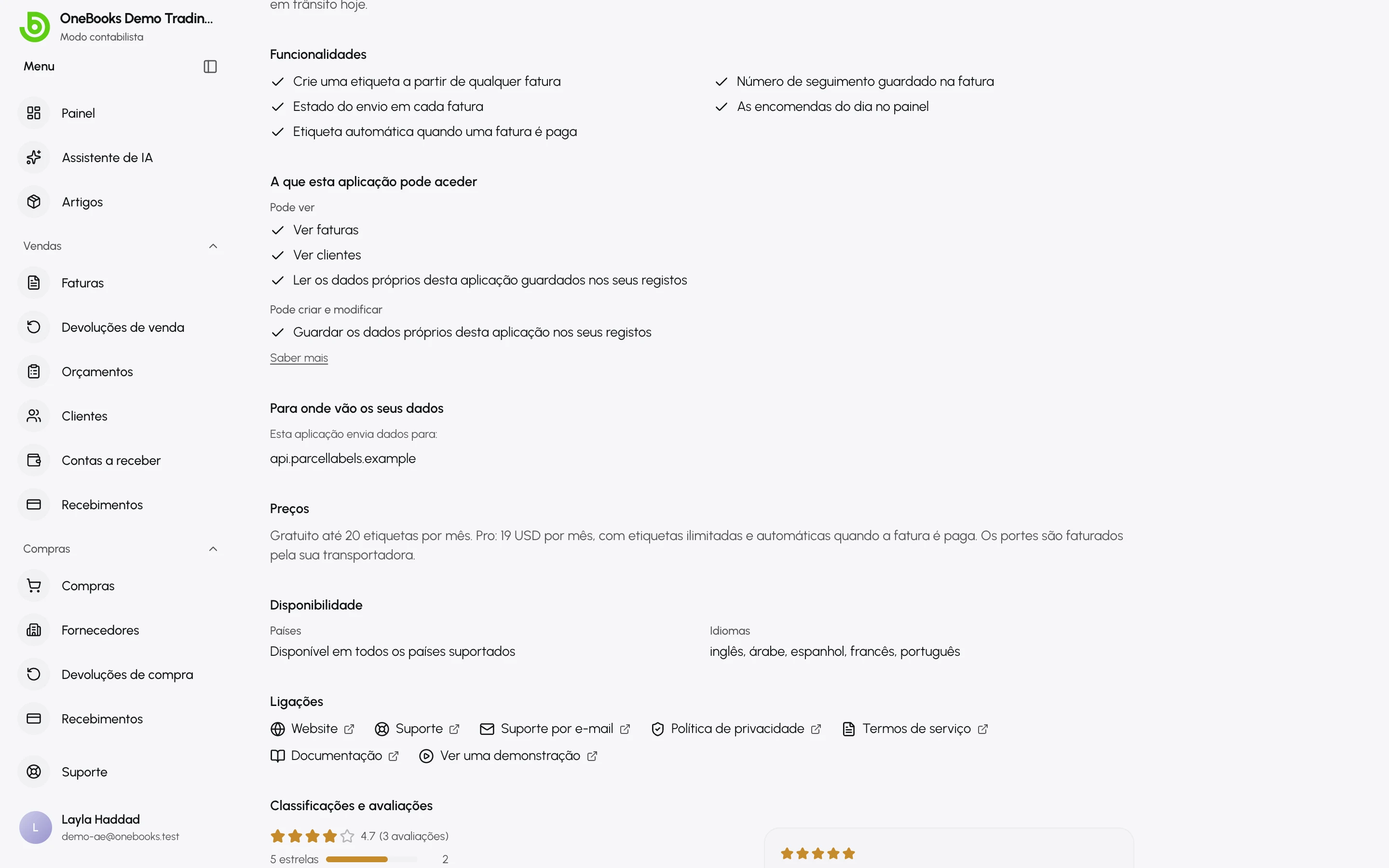 As secções A que esta aplicação pode aceder e Para onde vão os seus dados de uma ficha