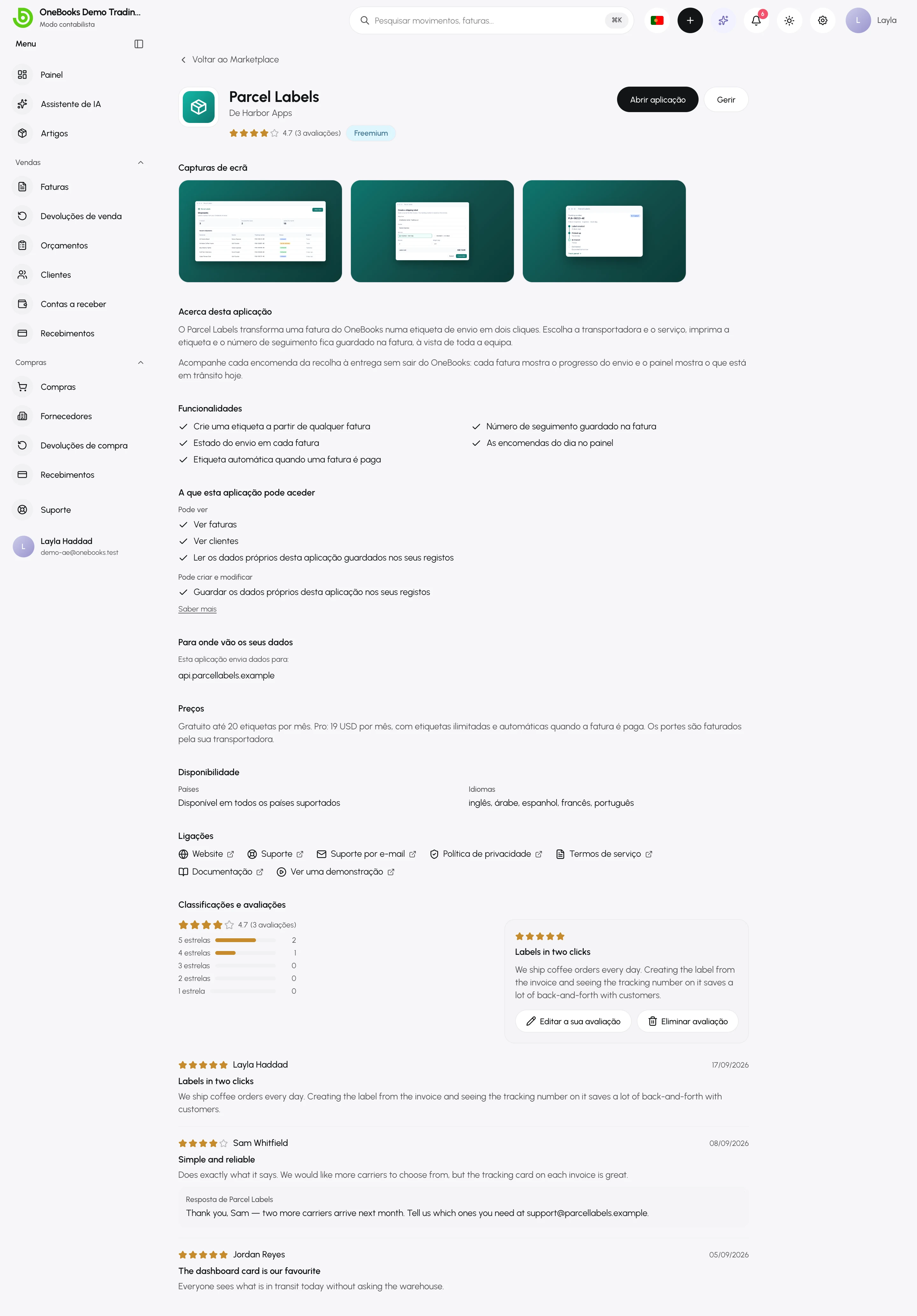 A ficha de uma aplicação instalada: Abrir aplicação e Gerir, capturas de ecrã, Acerca desta aplicação, Funcionalidades, permissões, destino dos dados, preços, disponibilidade, ligações e avaliações