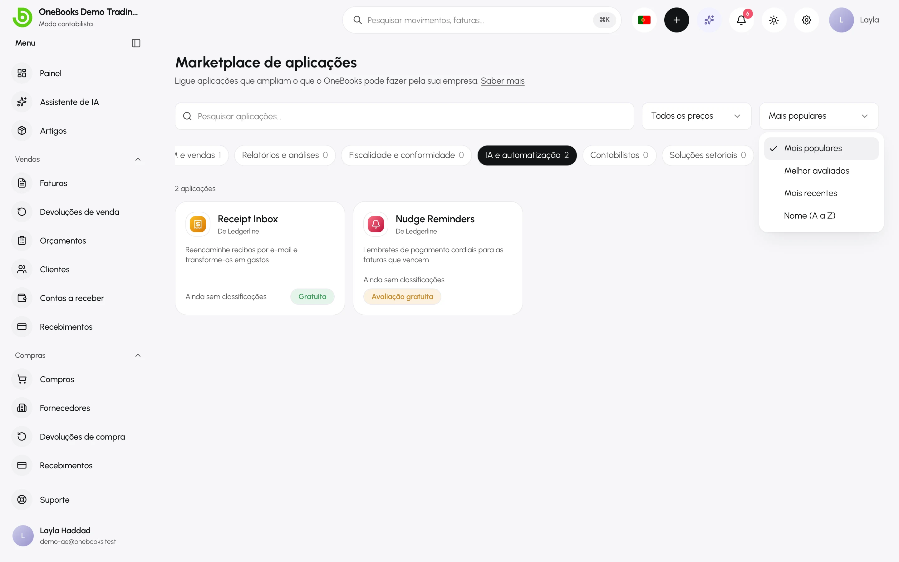 O Marketplace filtrado pela categoria IA e automatização, com o menu Ordenar por aberto