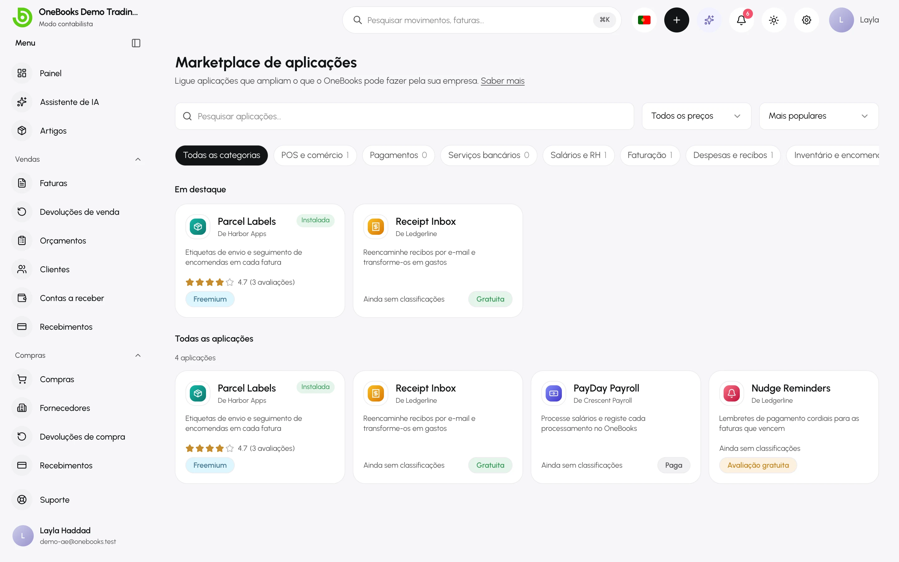 O Marketplace de aplicações com a pesquisa, os filtros de preço e de ordenação, as categorias, a fila Em destaque e todas as aplicações