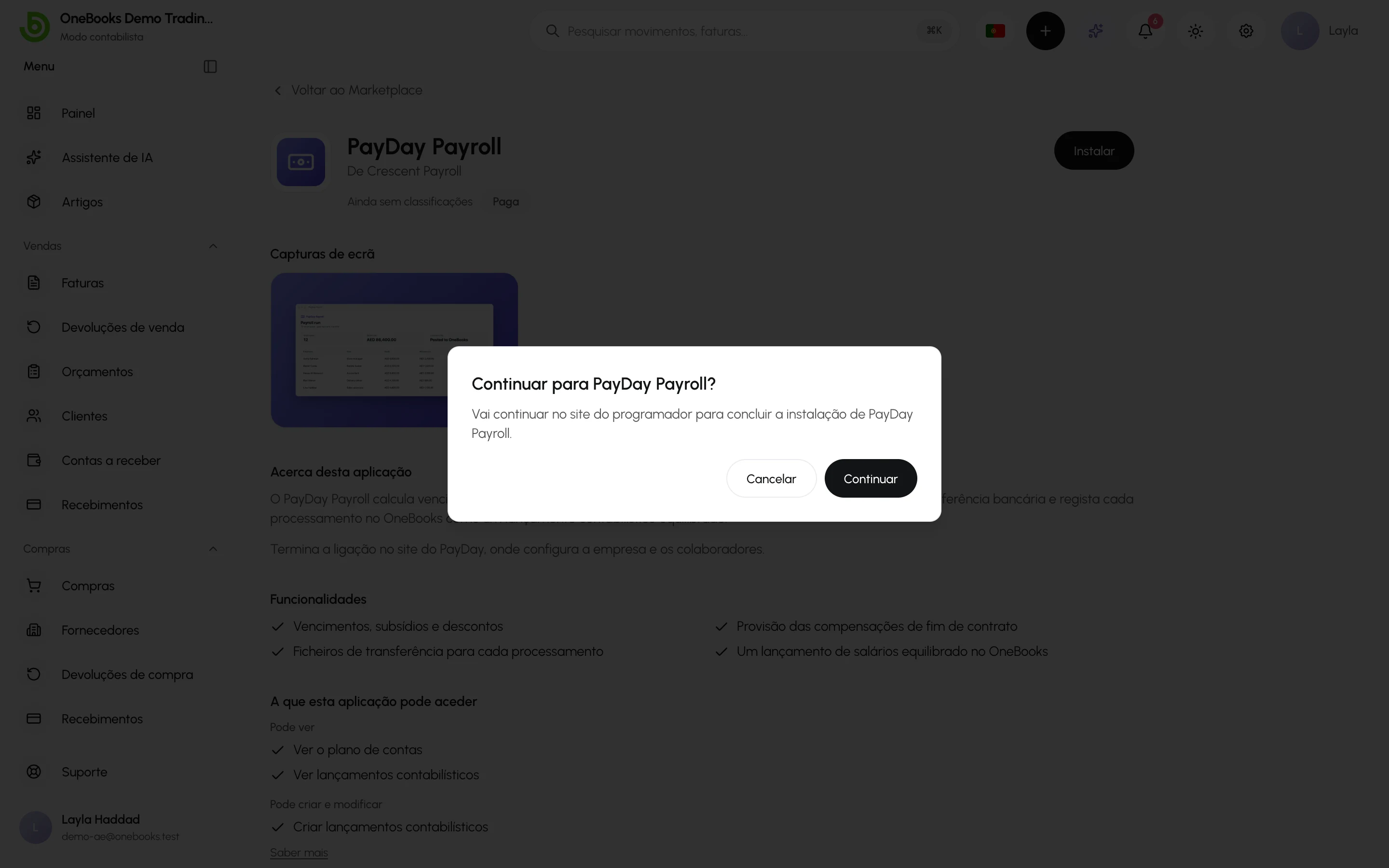 O aviso para continuar no site do PayDay Payroll e terminar a instalação, com Cancelar e Continuar