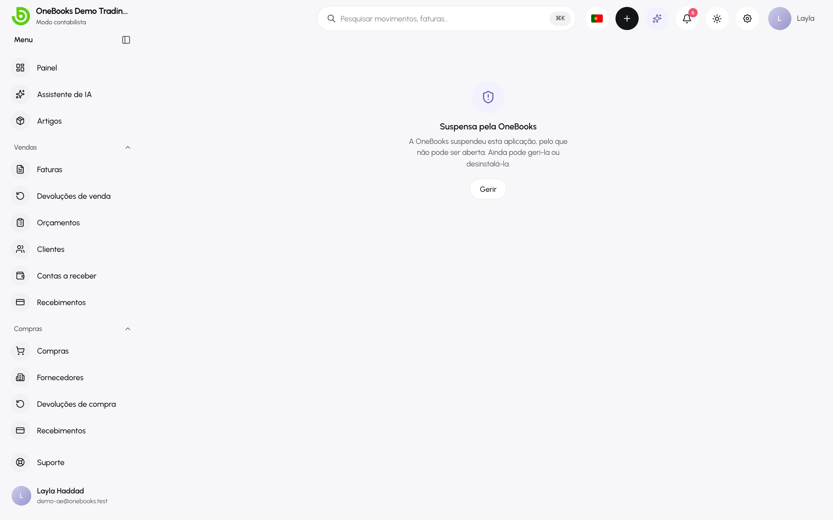 A página de uma aplicação suspensa: Suspensa pela OneBooks, com Gerir