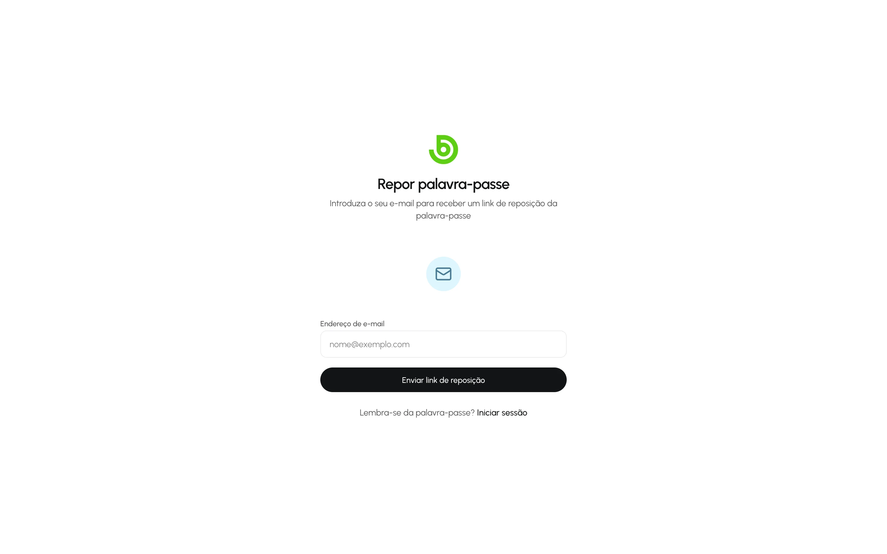 O formulário de recuperação de palavra-passe a pedir um endereço de e-mail