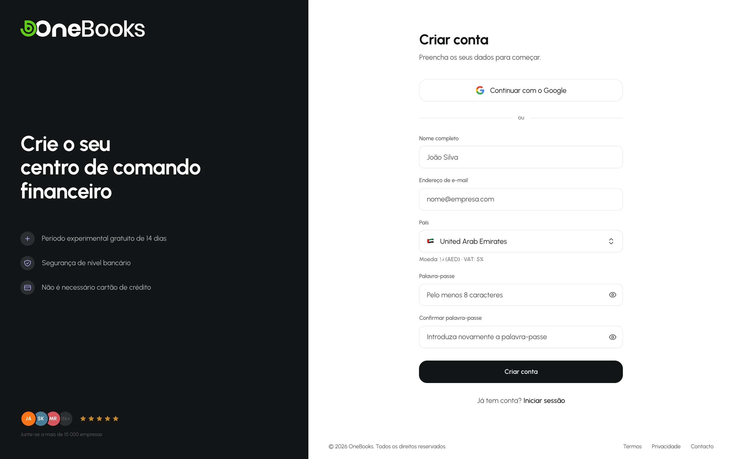 O formulário de registo do OneBooks com os campos de nome, e-mail, palavra-passe e país