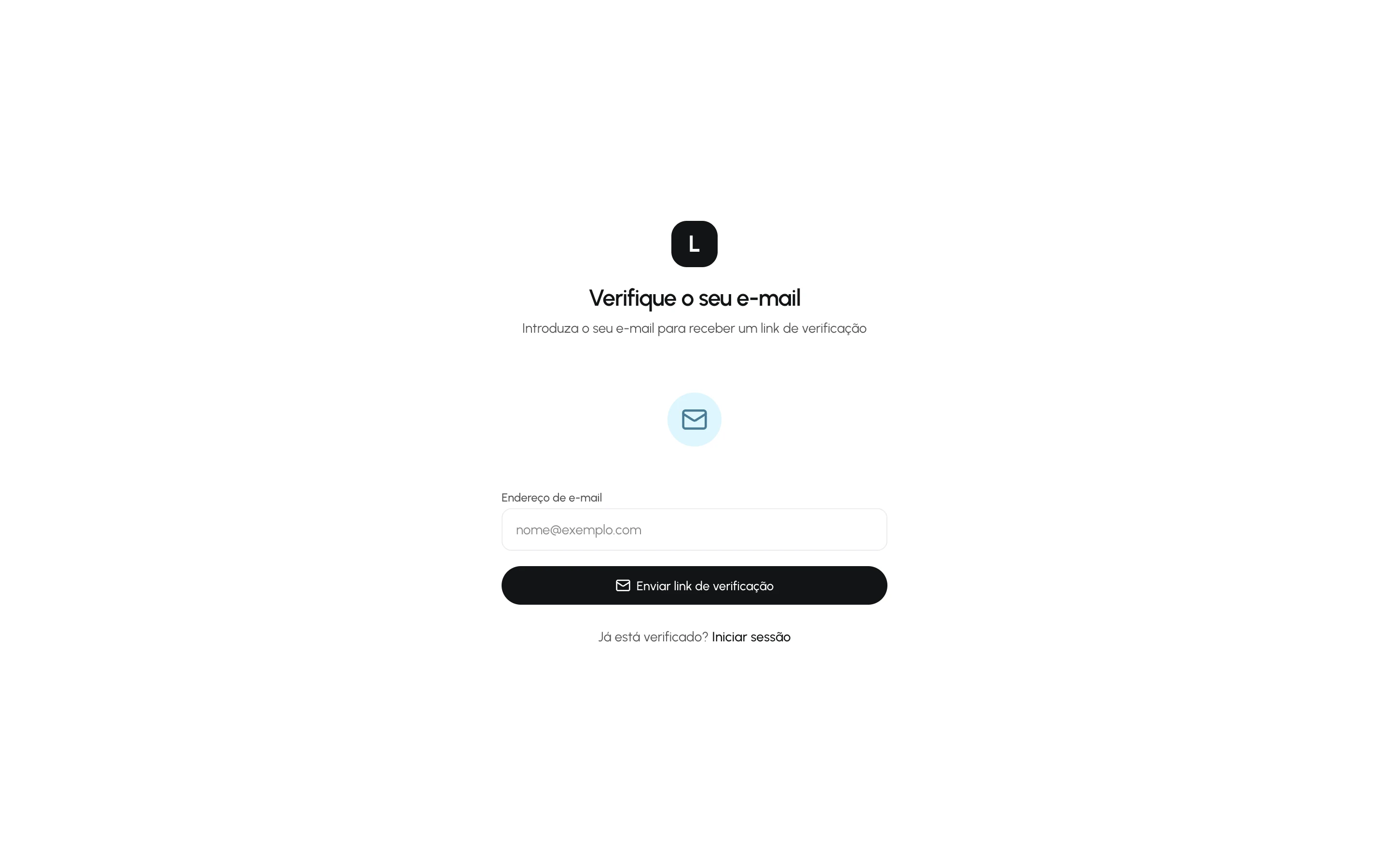 O ecrã de verificação de e-mail mostrado depois do registo, com a opção de reenviar