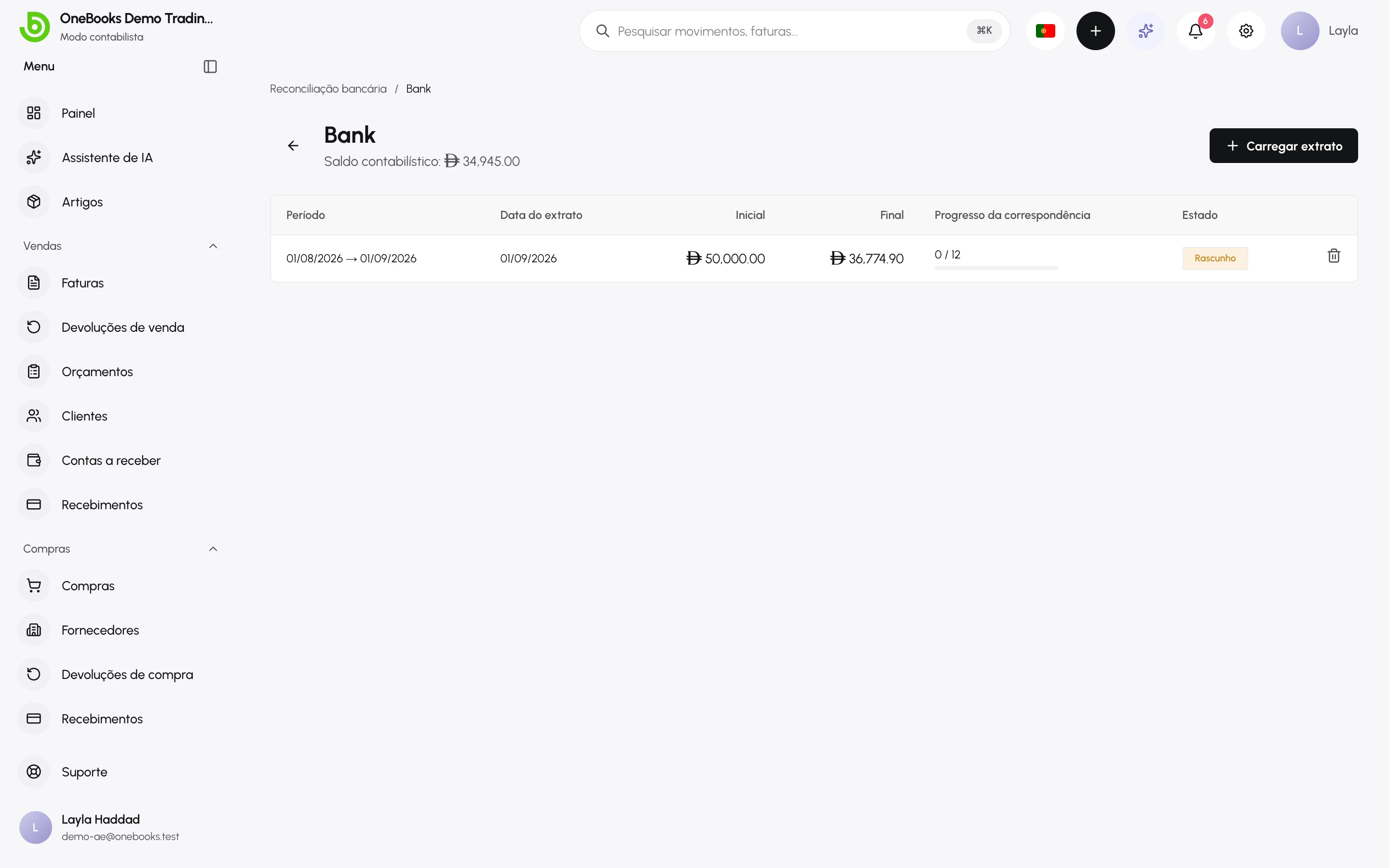 A lista de extratos de uma conta bancária com extratos em rascunho e reconciliados