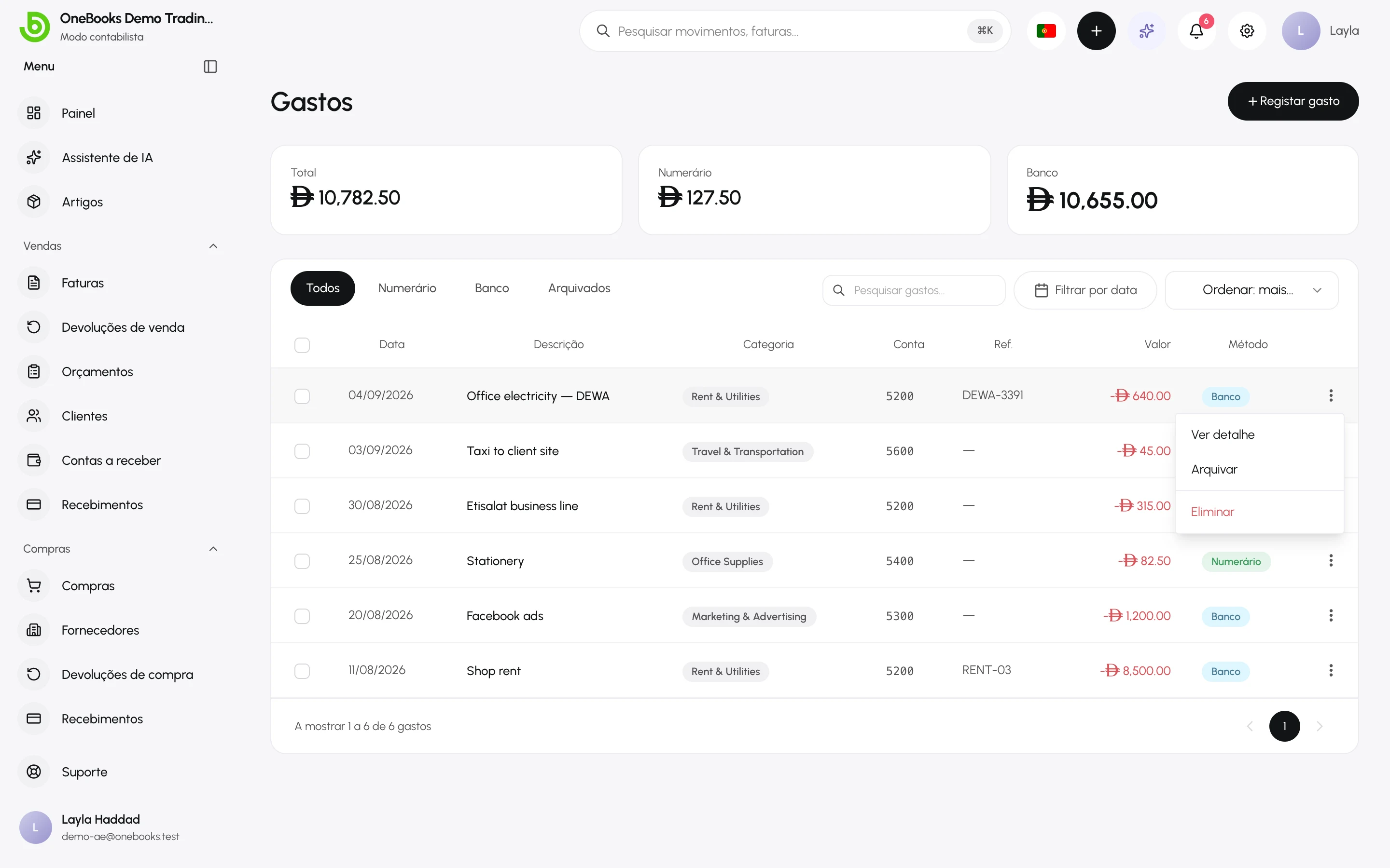 O menu de ações da linha de um gasto com Ver detalhe, Arquivar e Eliminar