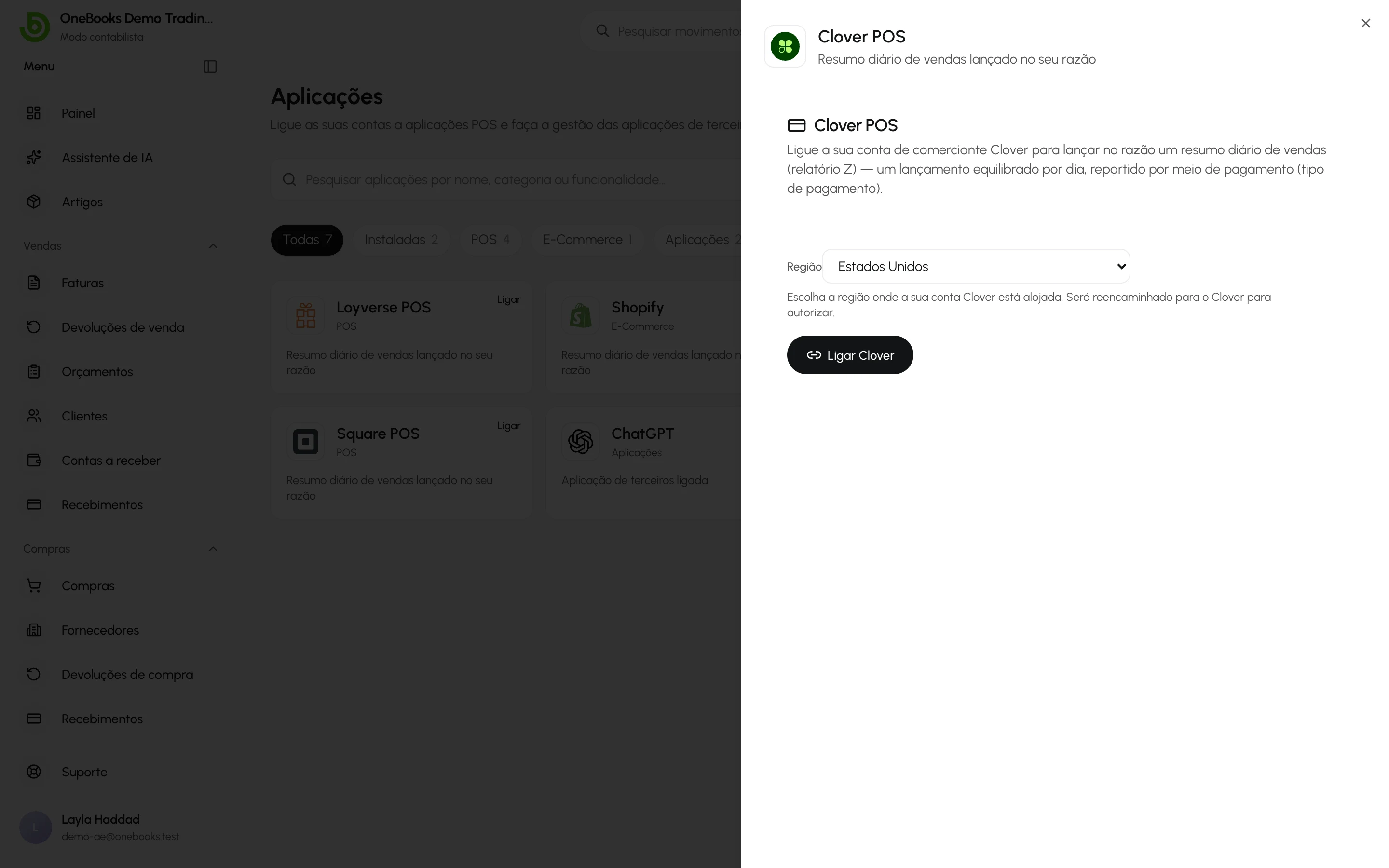 A página de ligação do Clover em Aplicações