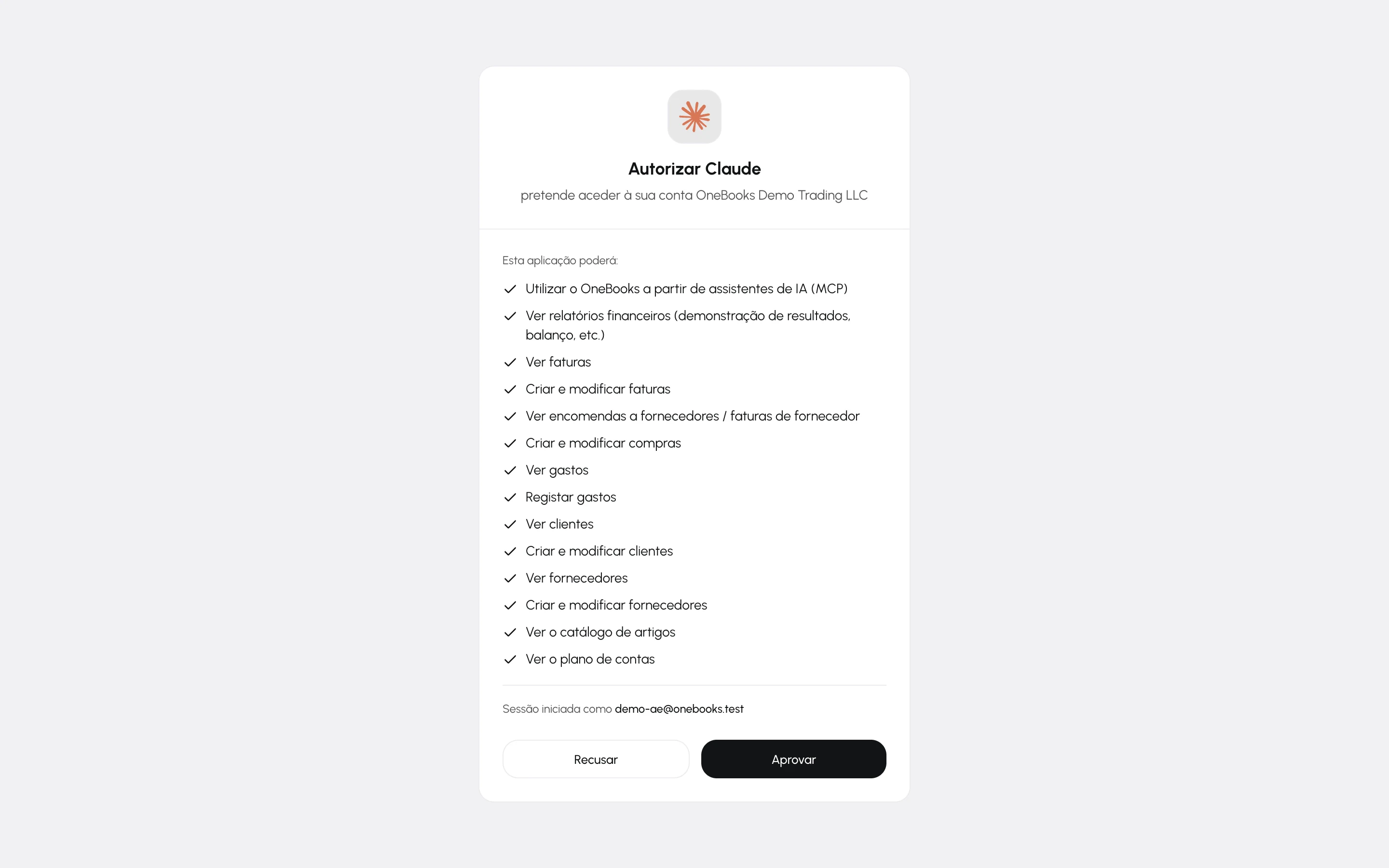 O ecrã de consentimento do OneBooks para o Claude, com as permissões pedidas e os botões Aprovar e Recusar