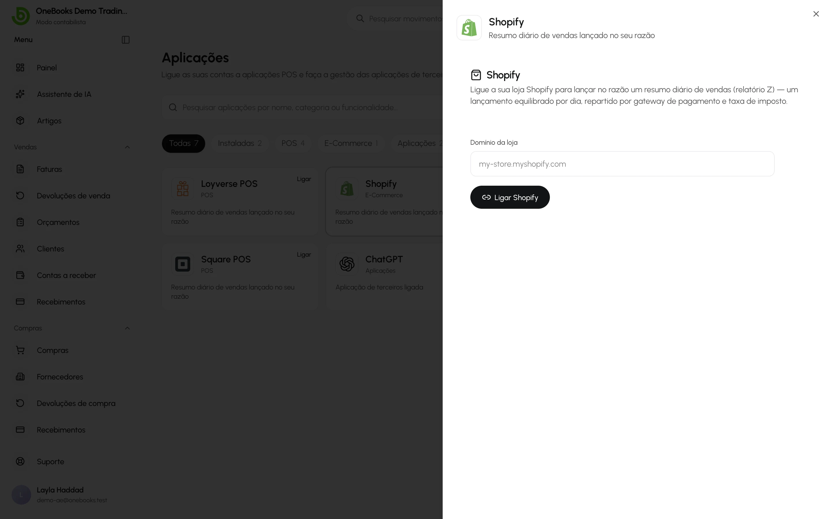 A página de ligação do Shopify em Aplicações
