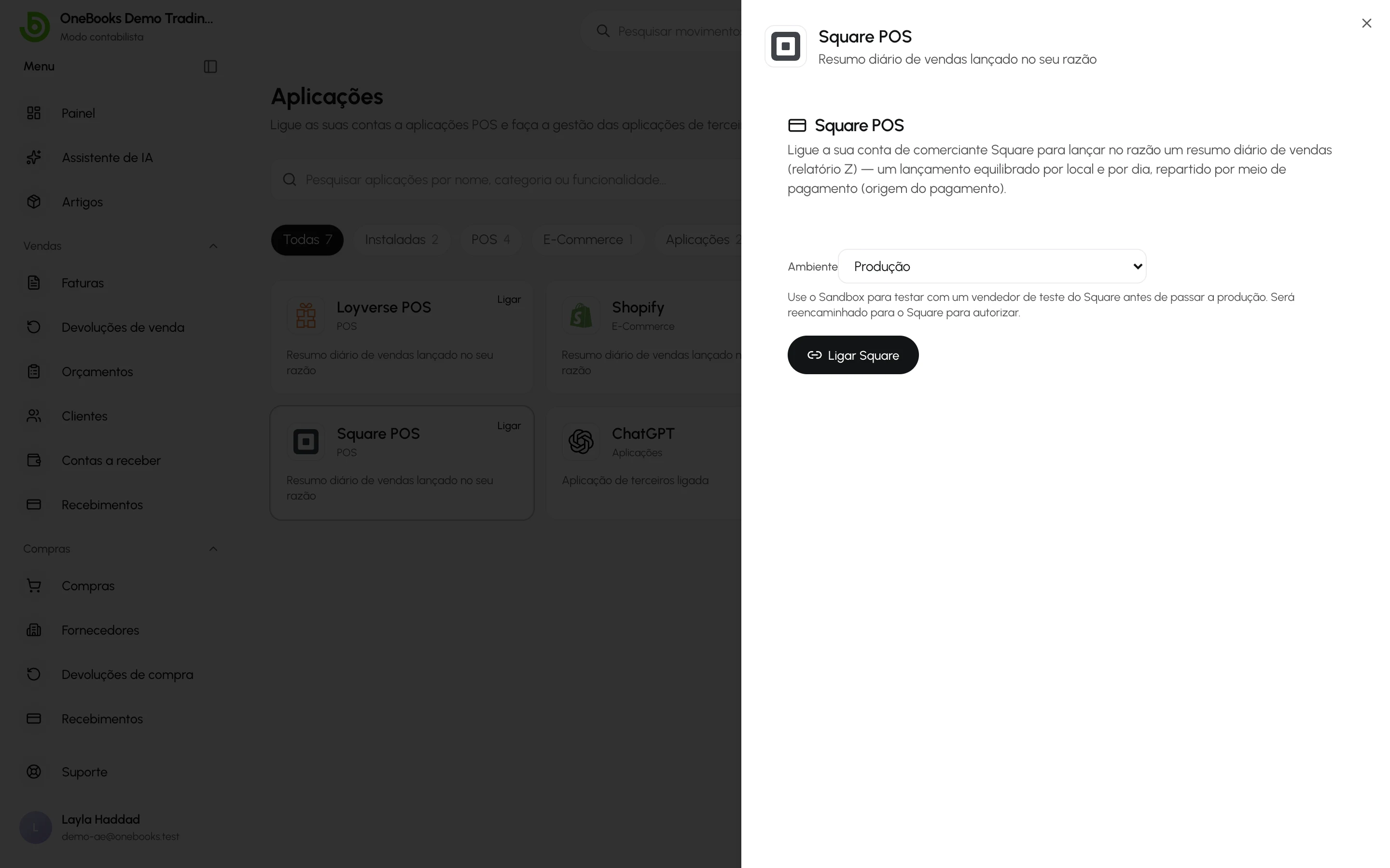 A página de ligação do Square em Aplicações